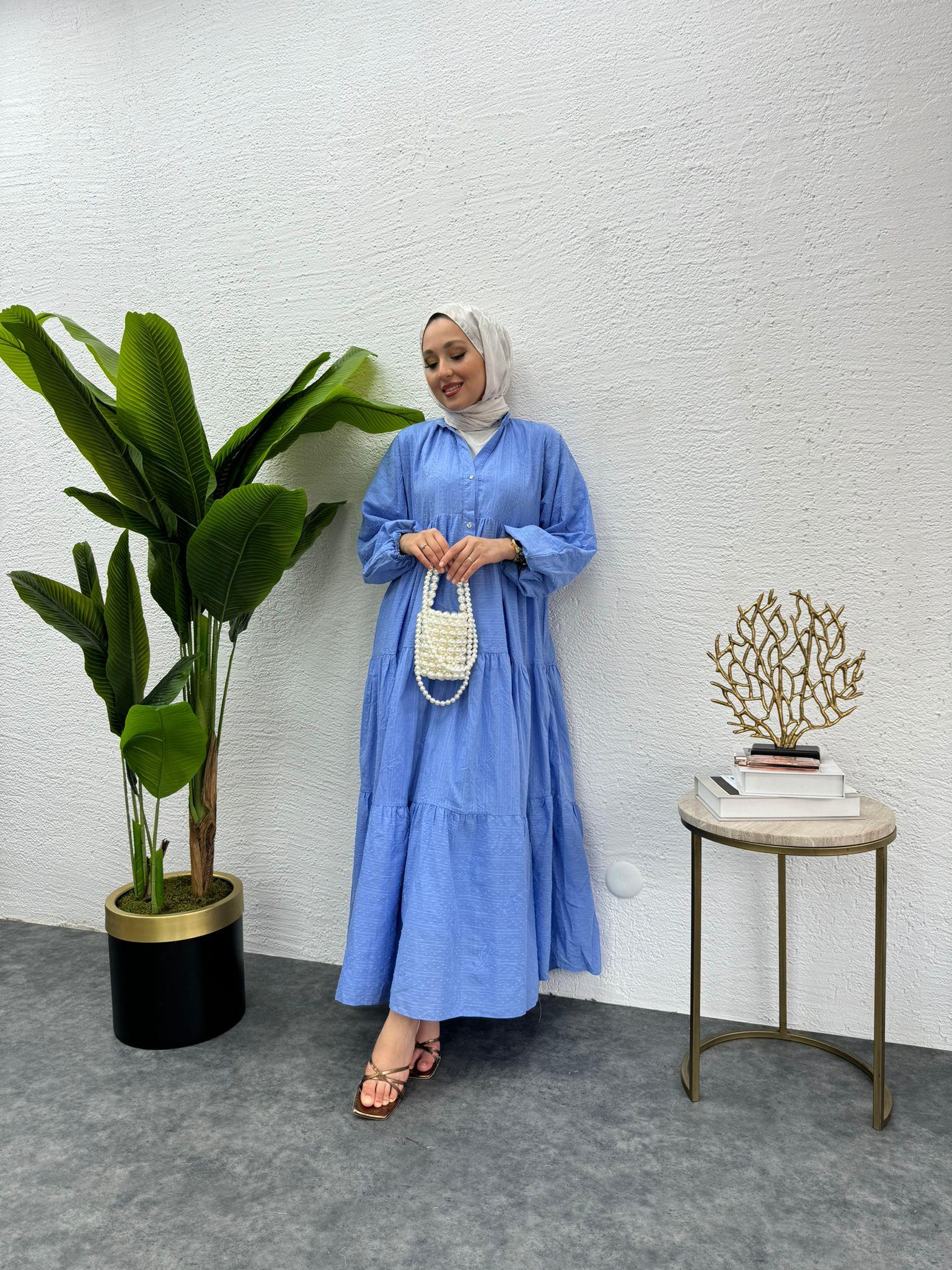 Front Buttoned Linen Dress Blue