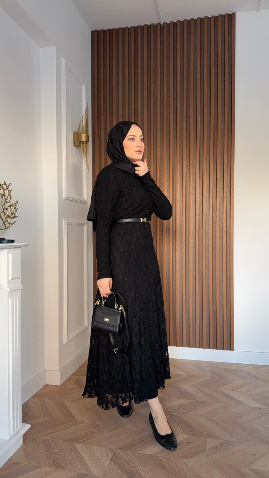 Paris Belted Dantel Dress Black