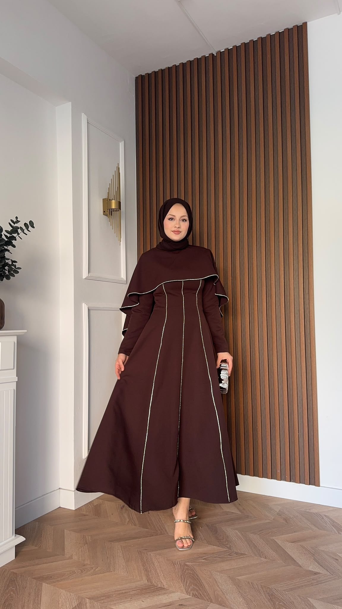 MEYSADESIGN ELBİSELER Pelerinli Taşlı Abiye Acı Kahve