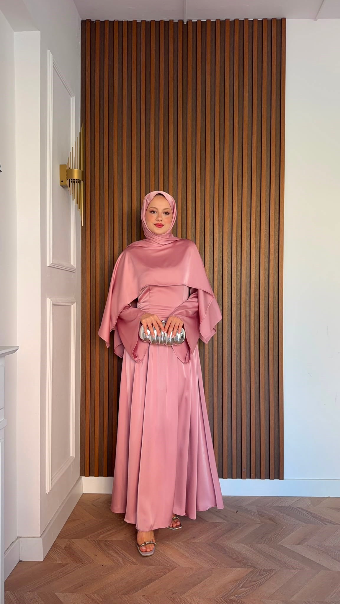 MEYSADESIGN ELBİSELER Pinky Saten Şallı Abiye Pudra