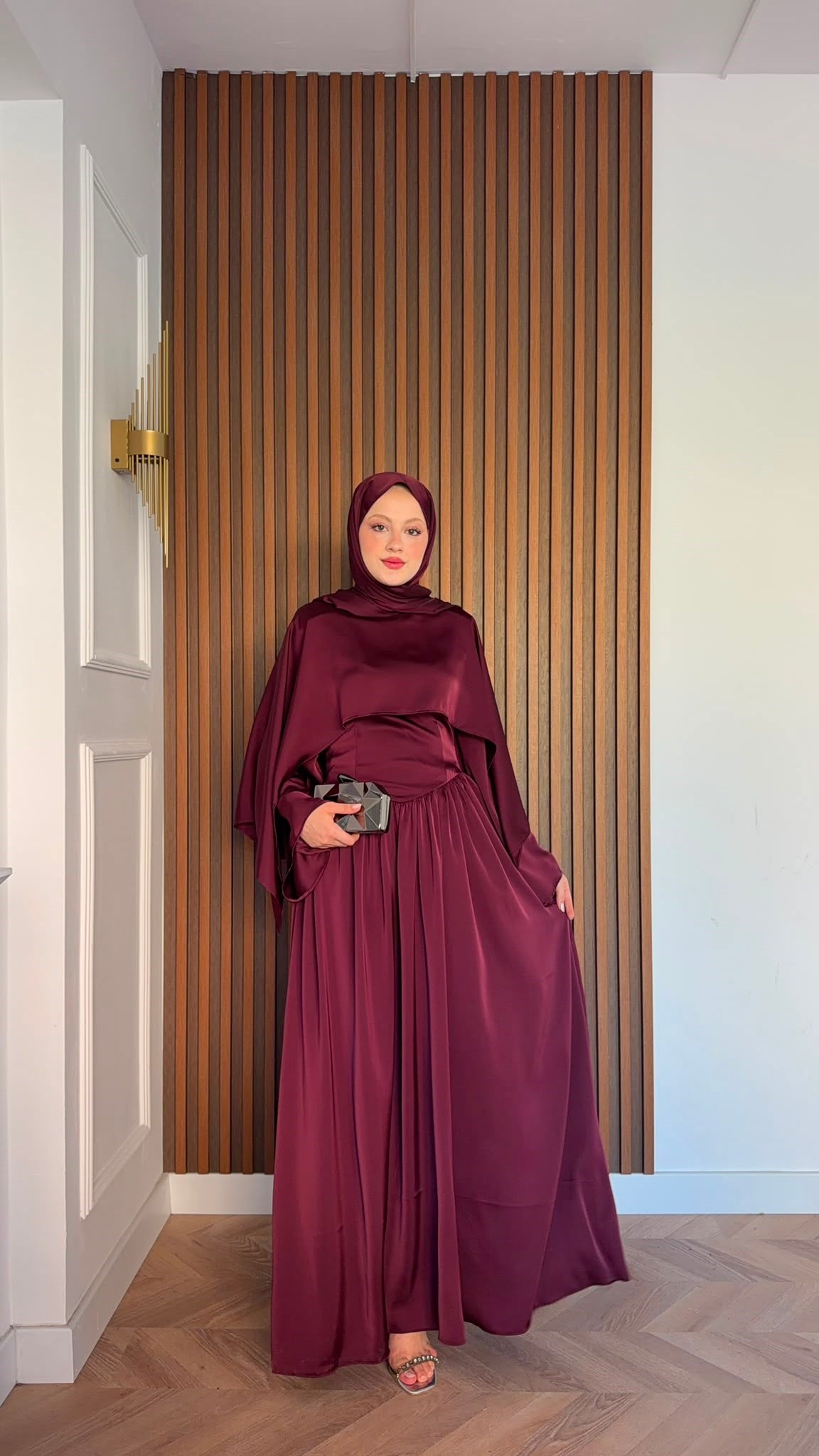 MEYSADESIGN ELBİSELER Pinky Saten Şallı Abiye Bordo