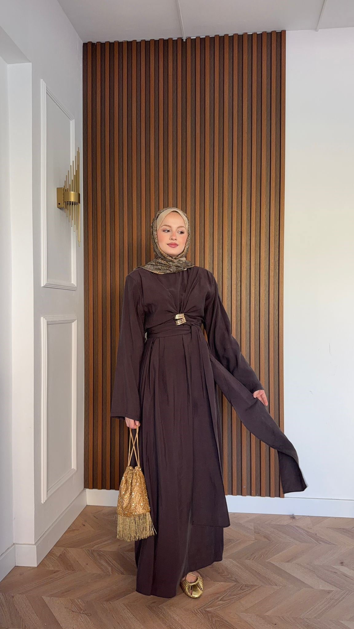 MEYSADESIGN ELBİSELER Princess Gold Tokalı Tensel Elbise Acı Kahve