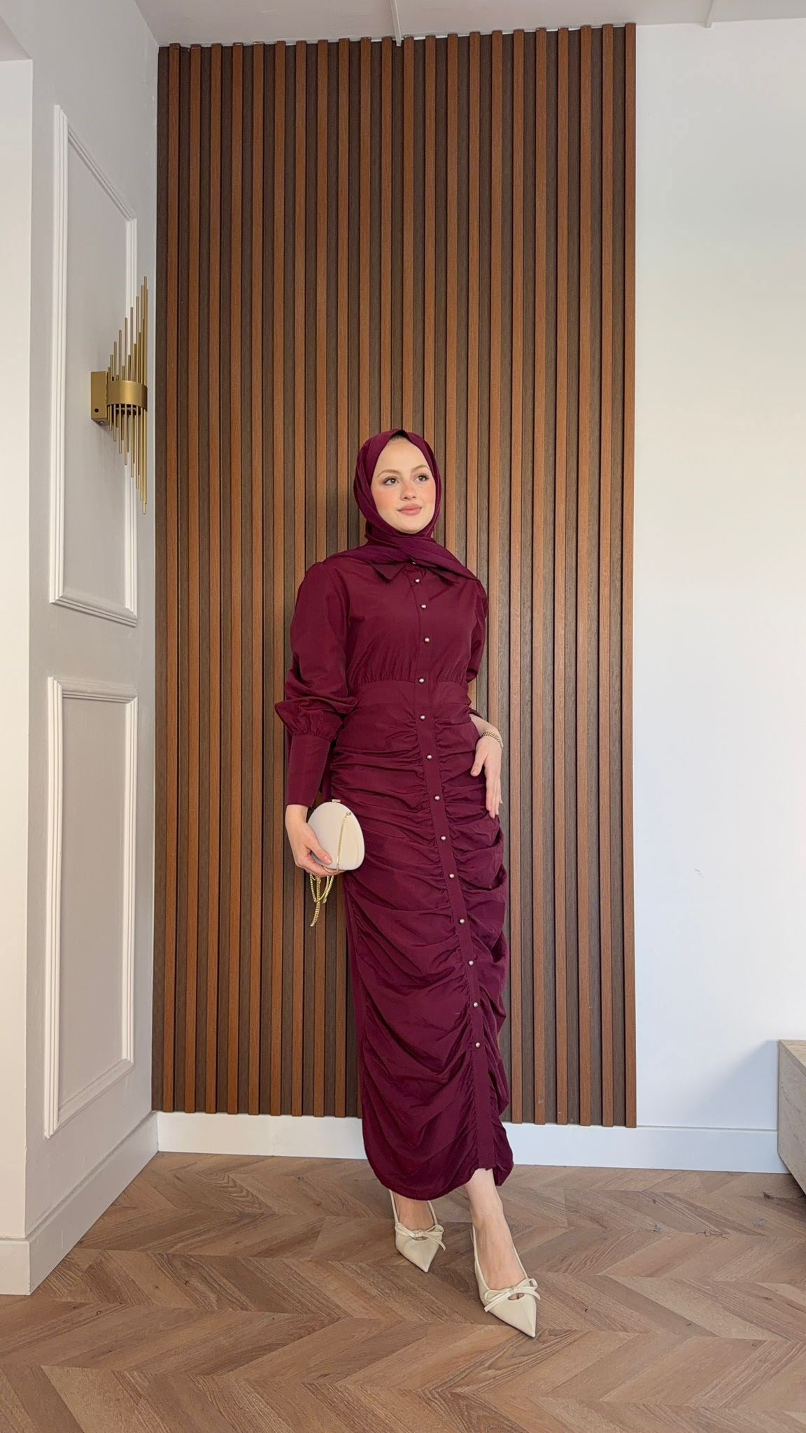 MEYSADESIGN ELBİSELER Retro Büzgülü Elbise Bordo