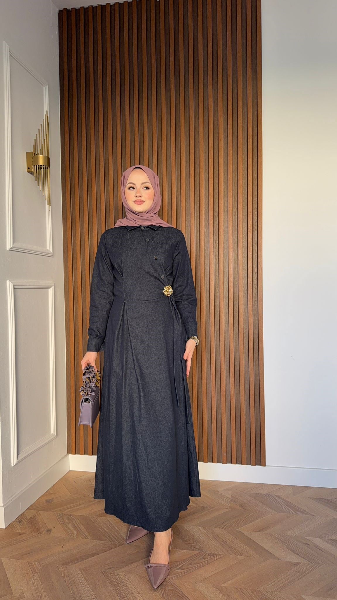 MEYSADESIGN ELBİSELER Sare Gül Broşlu Elbise Lacivert