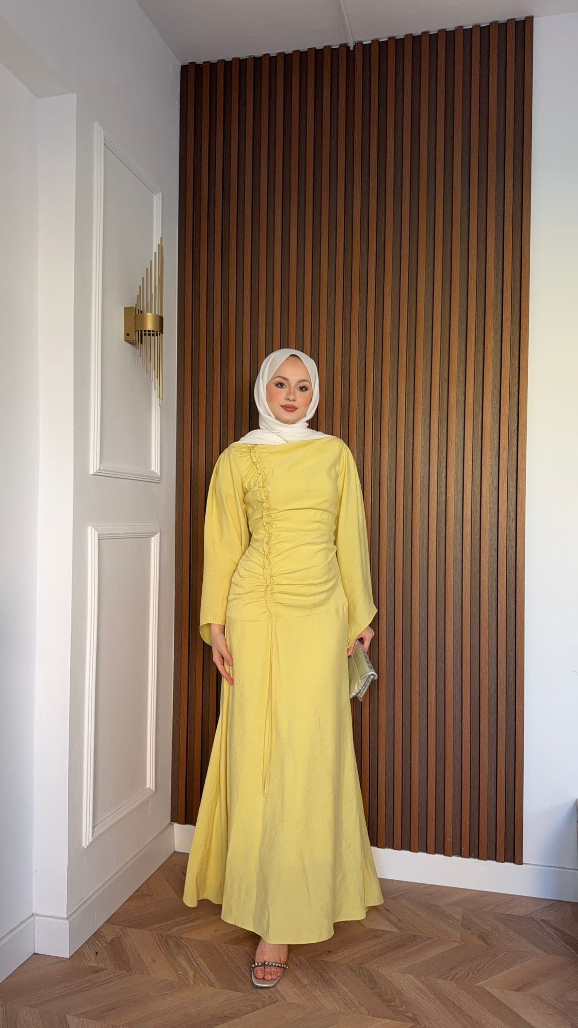 MEYSADESIGN ELBİSELER Selvi Büzgülü Tensel Elbise Yağ Yeşili