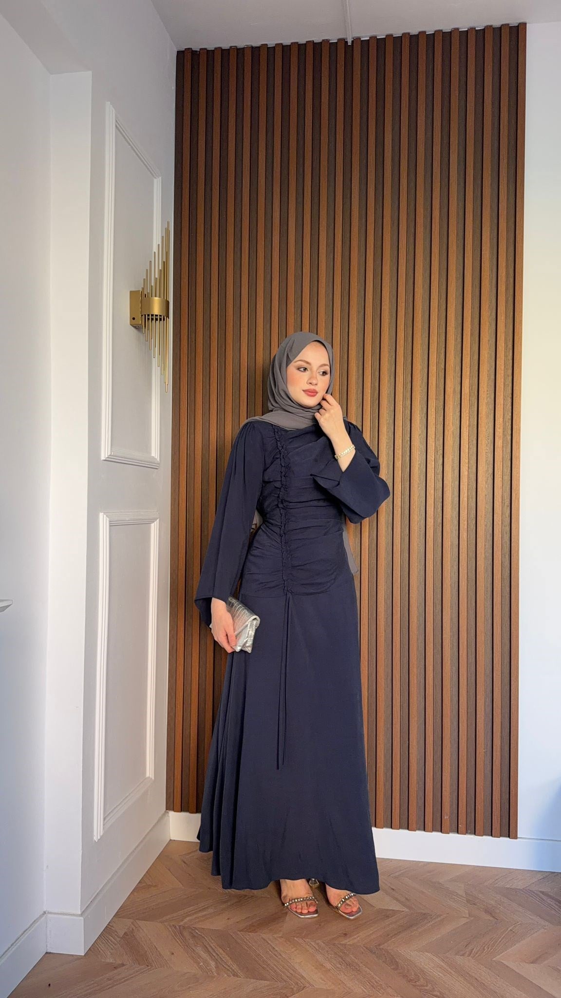 MEYSADESIGN ELBİSELER Selvi Büzgülü Tensel Elbise Lacivert