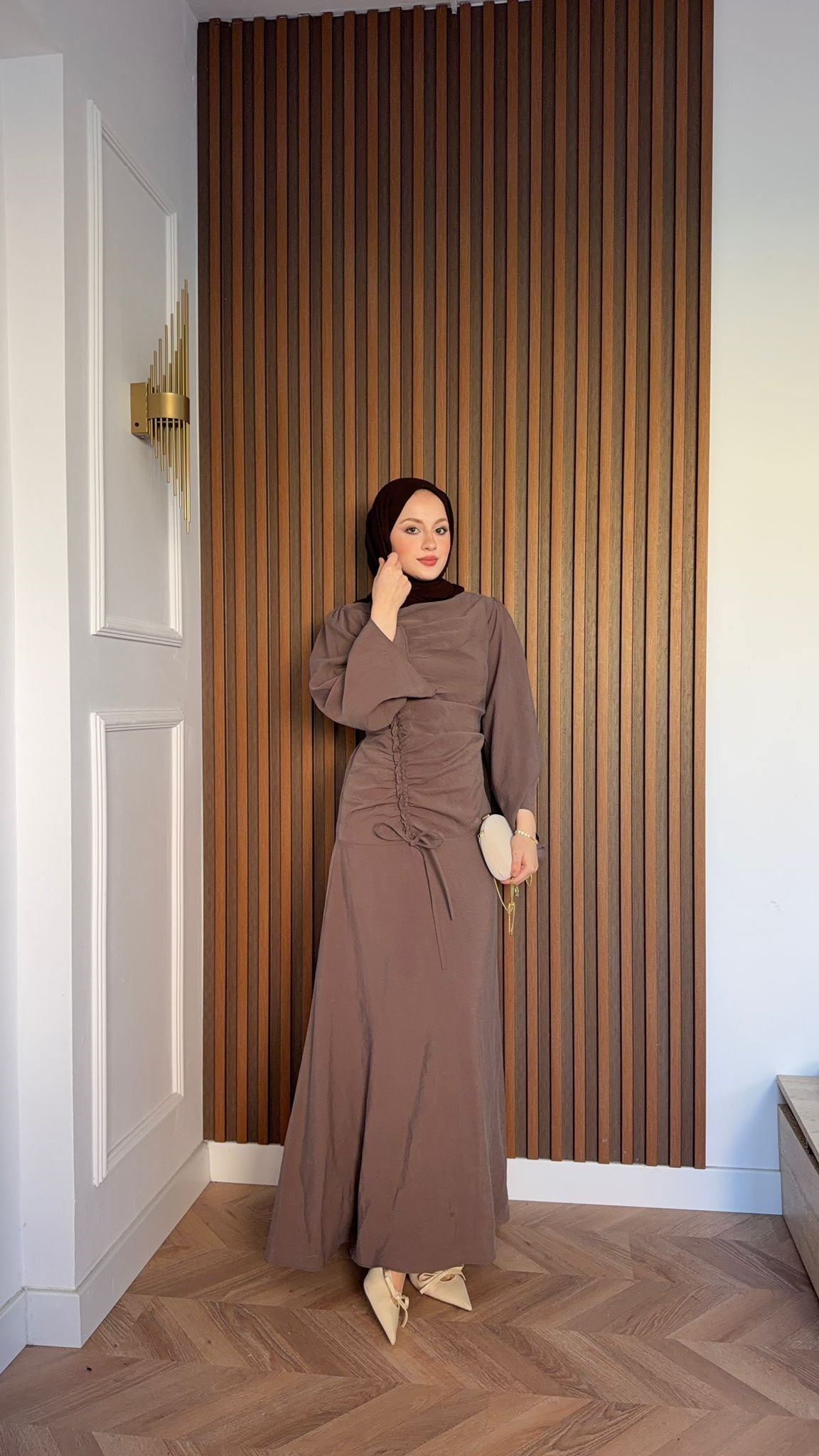 MEYSADESIGN DRESSES Selvi Büzgülü Tensel Elbise Acı Kahve