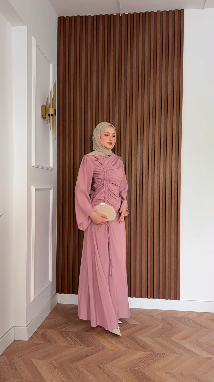 MEYSADESIGN ELBİSELER Selvi Büzgülü Tensel Elbise Gül Kurusu