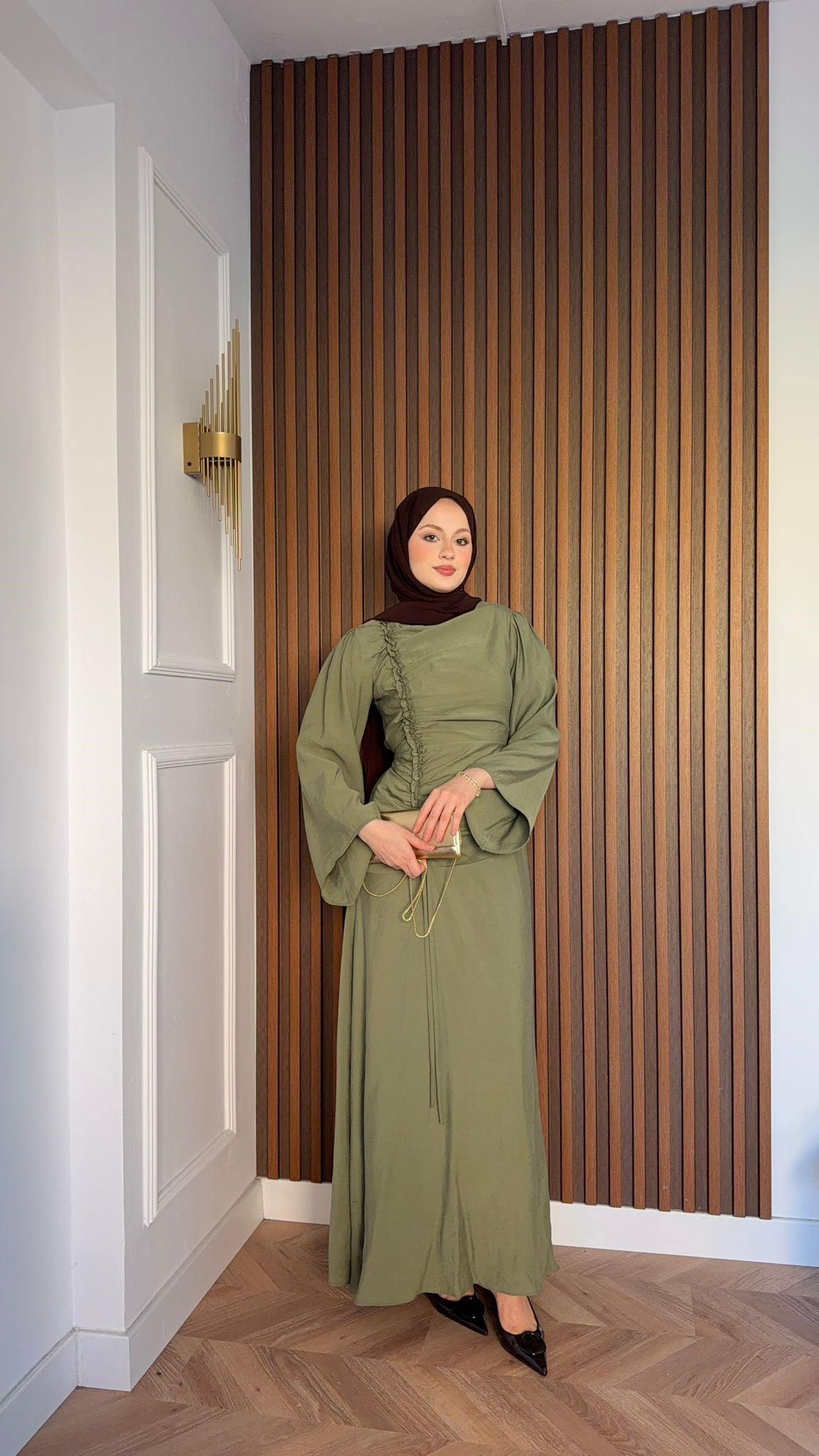 MEYSADESIGN ELBİSELER Selvi Büzgülü Tensel Elbise Haki