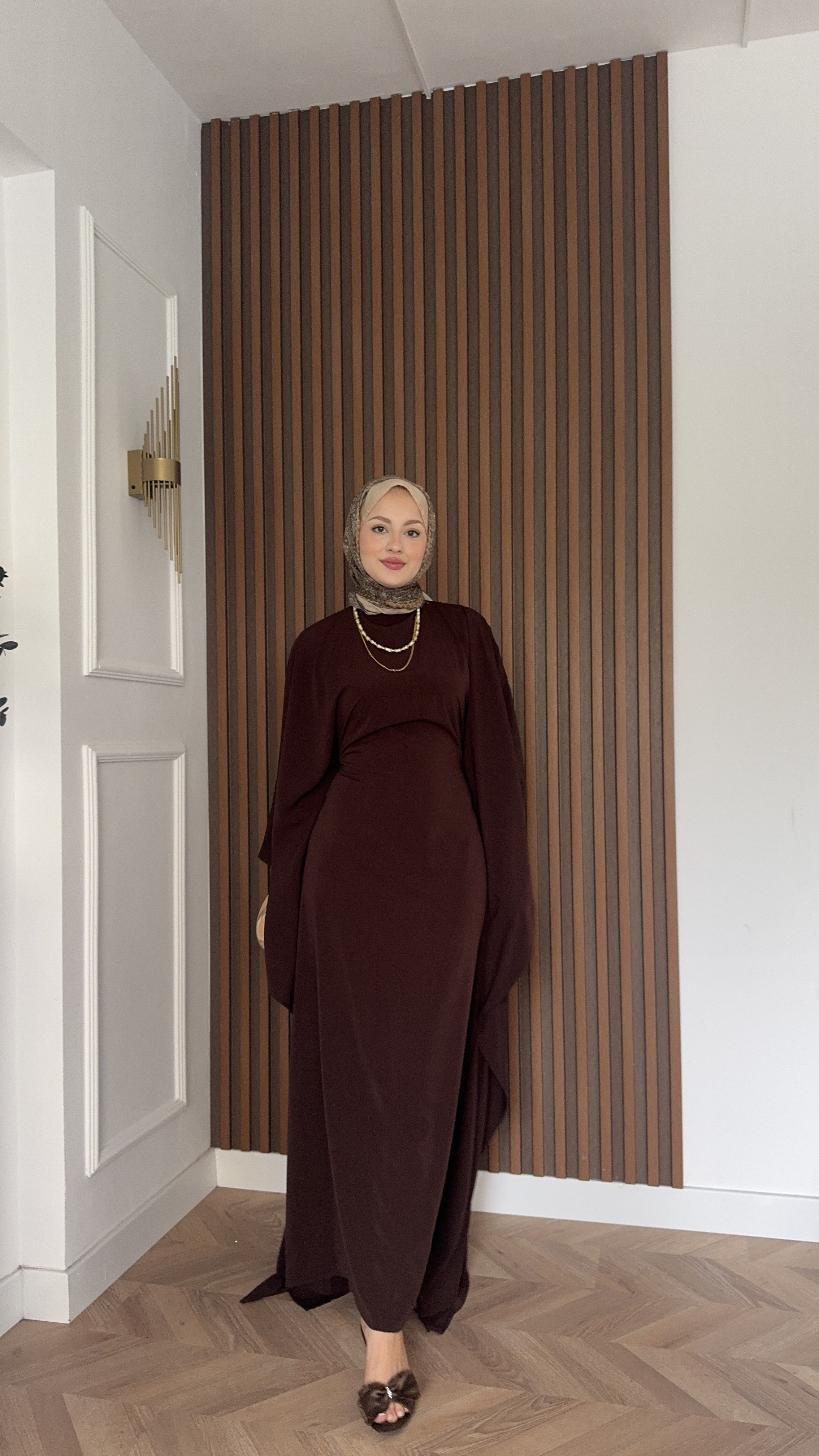 MEYSADESIGN ELBİSELER Sisi Yarasa Kol Abaya Acı Kahve 