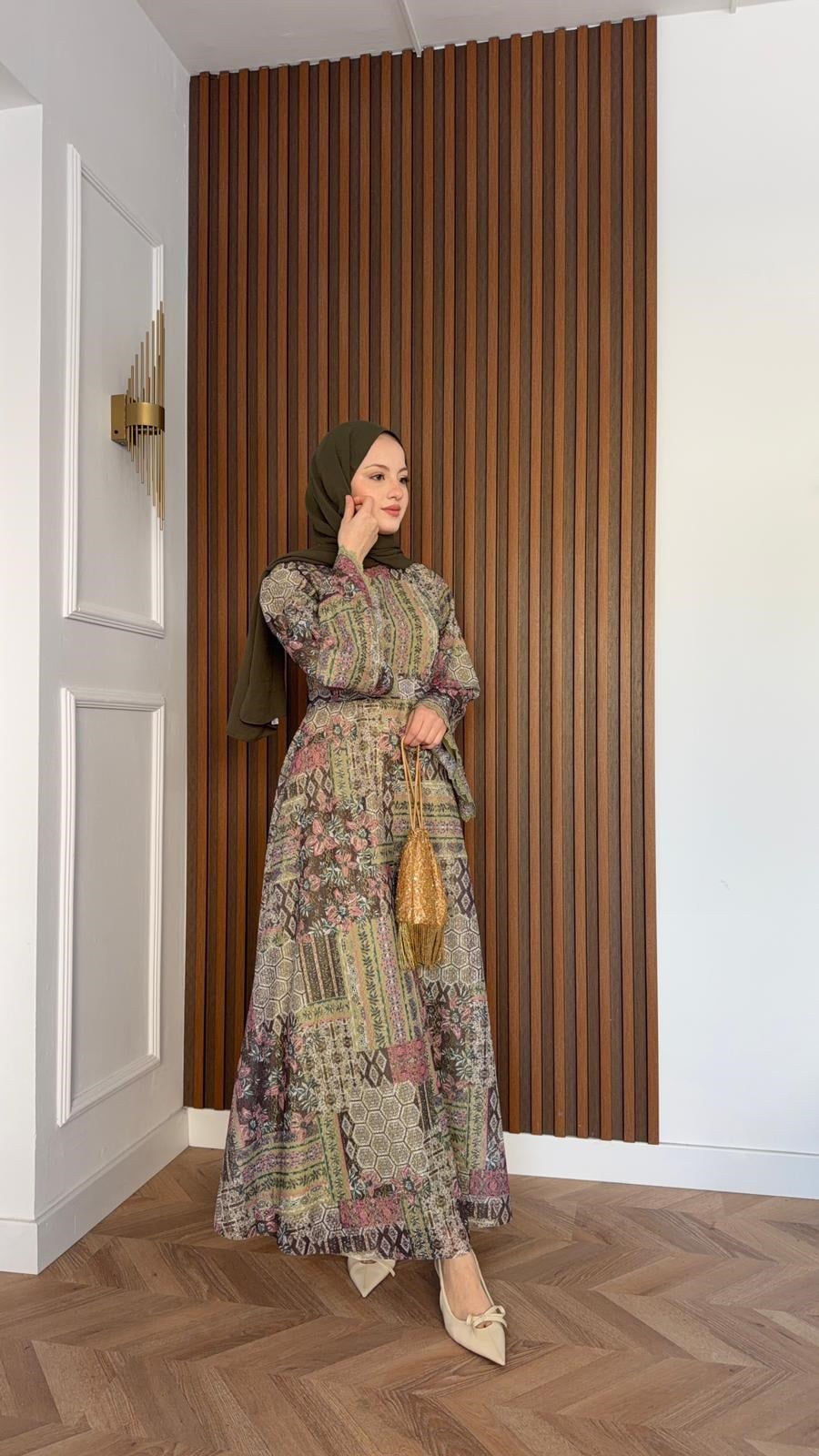 MEYSADESIGN DRESSES Sofa Desenli Güpür Elbise Haki