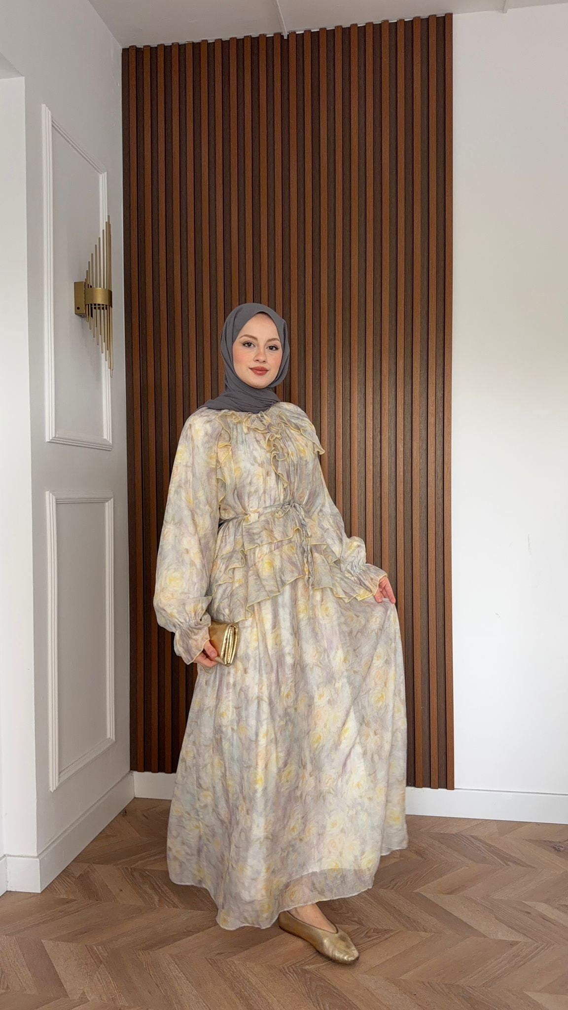 MEYSADESIGN DRESSES Sui Çiçek Desenli Elbise Gri
