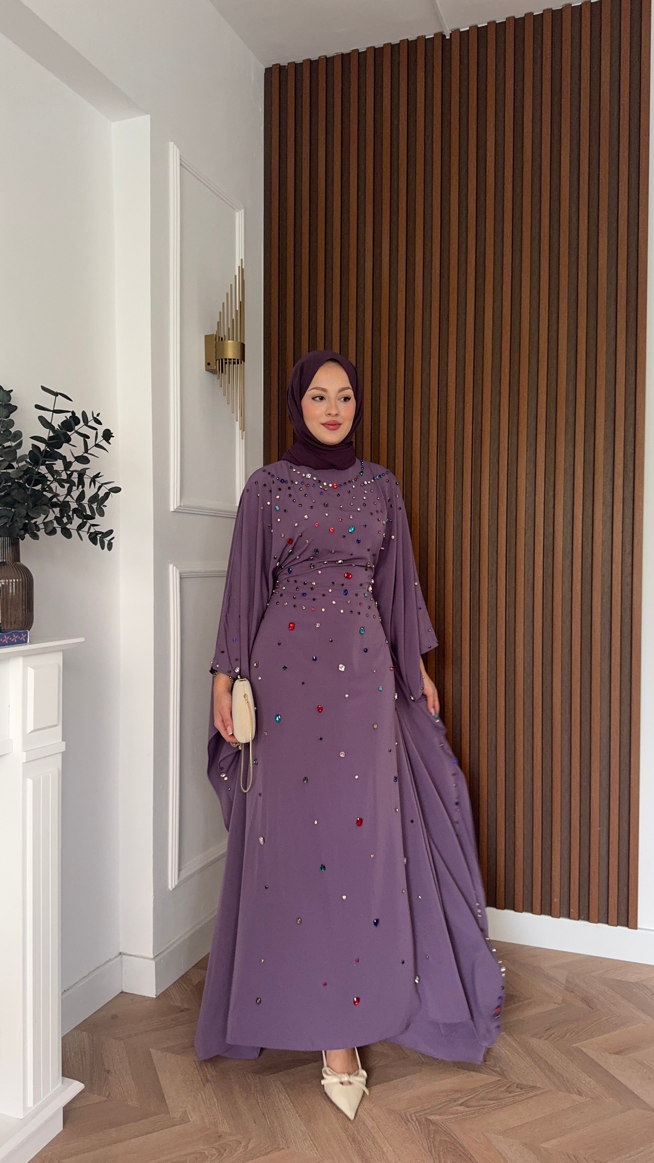 MEYSADESIGN ELBİSELER Tasarım Taşlı Sisi Yarasa Kol Abaya Lila