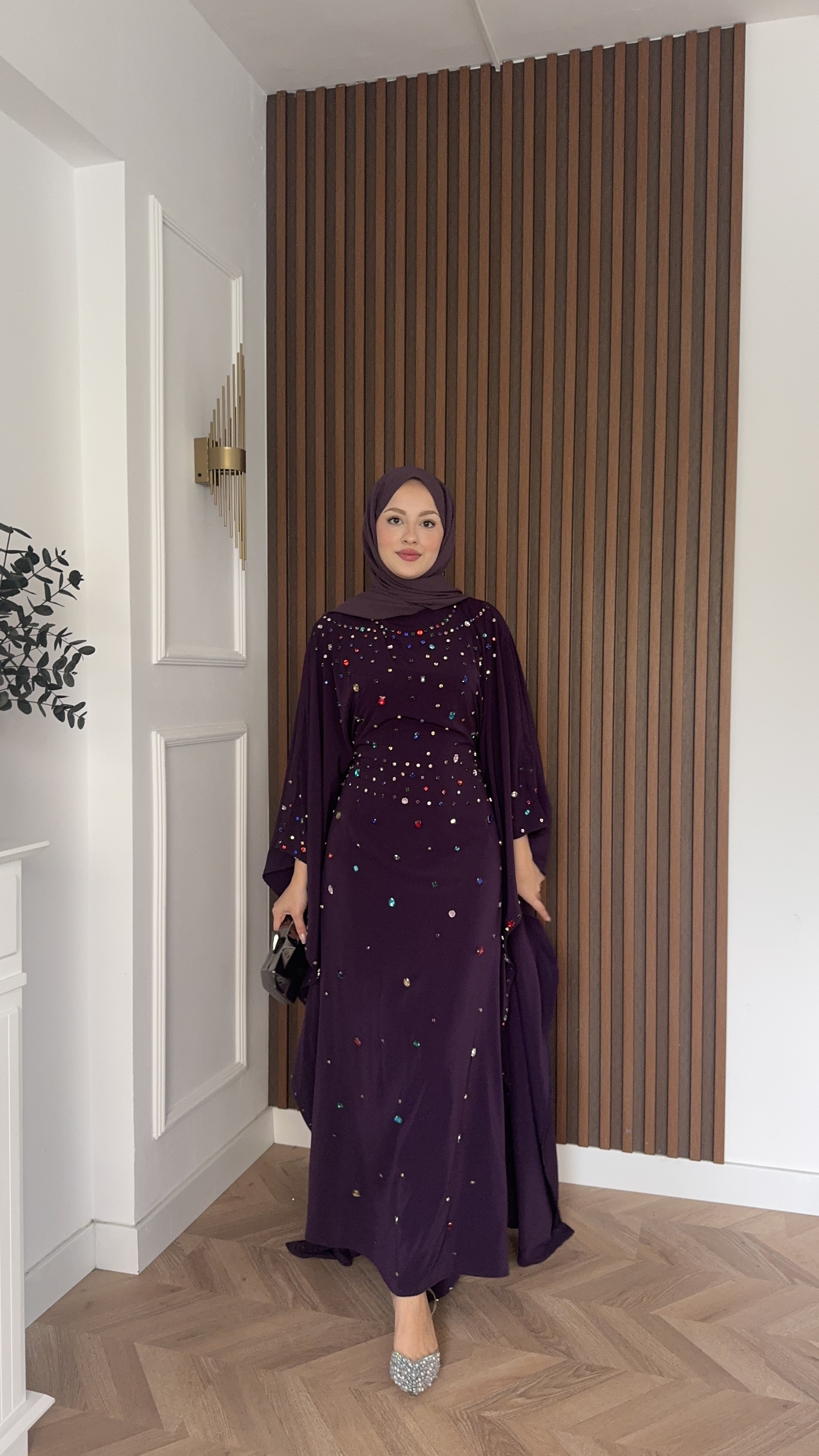 MEYSADESIGN ELBİSELER Tasarım Taşlı Sisi Yarasa Kol Abaya Mor
