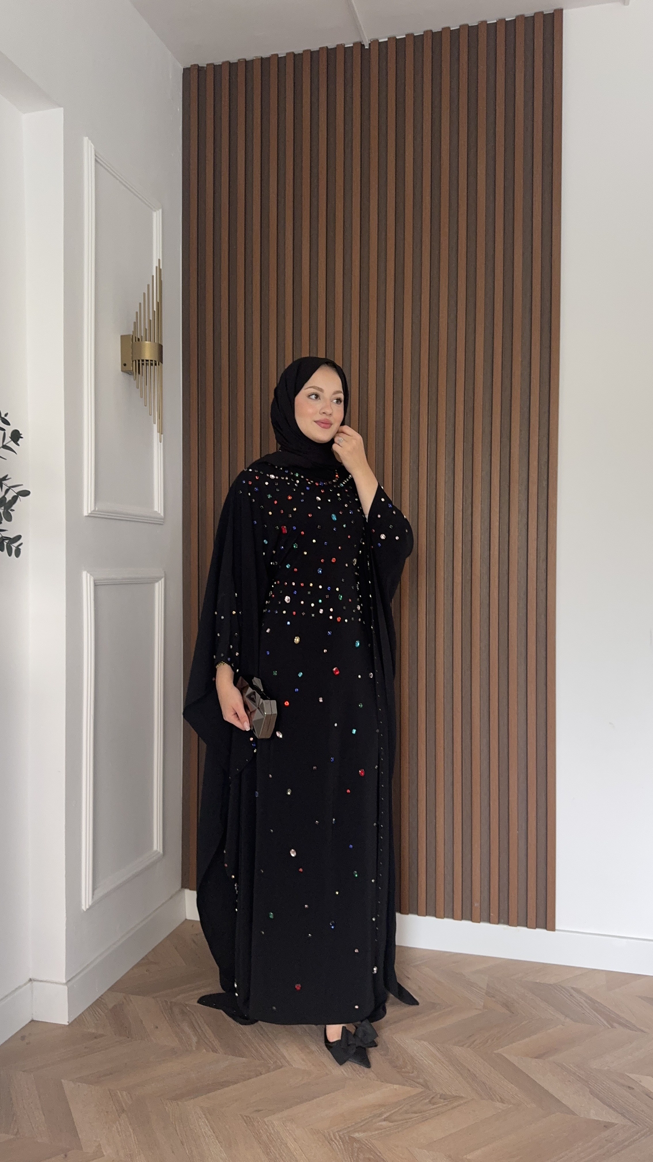 MEYSADESIGN ELBİSELER Tasarım Taşlı Sisi Yarasa Kol Abaya Siyah