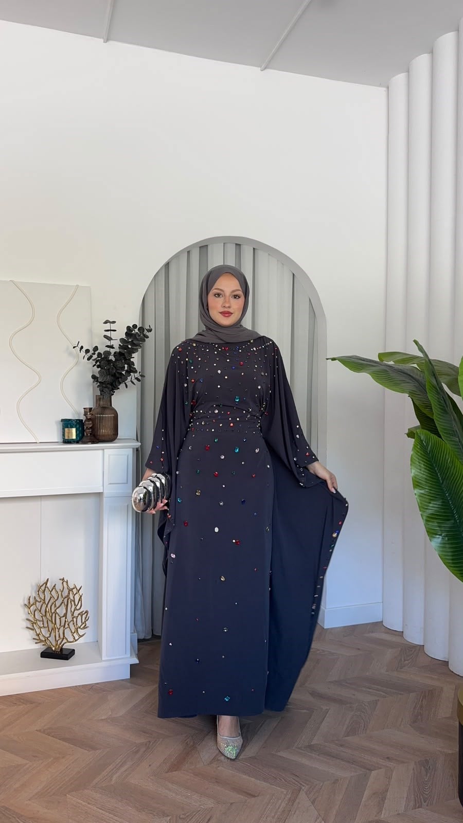 MEYSADESIGN ELBİSELER Tasarım Taşlı Sisi Yarasa Kol Abaya Antrasit
