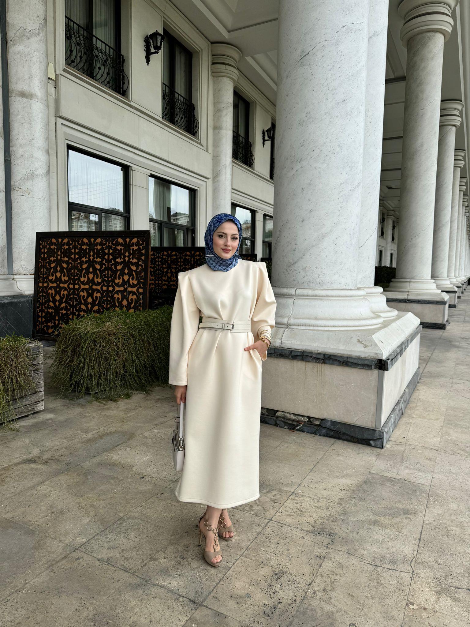 MEYSADESIGN ELBİSELER Vatkalı Puf Scuba Elbise Beyaz