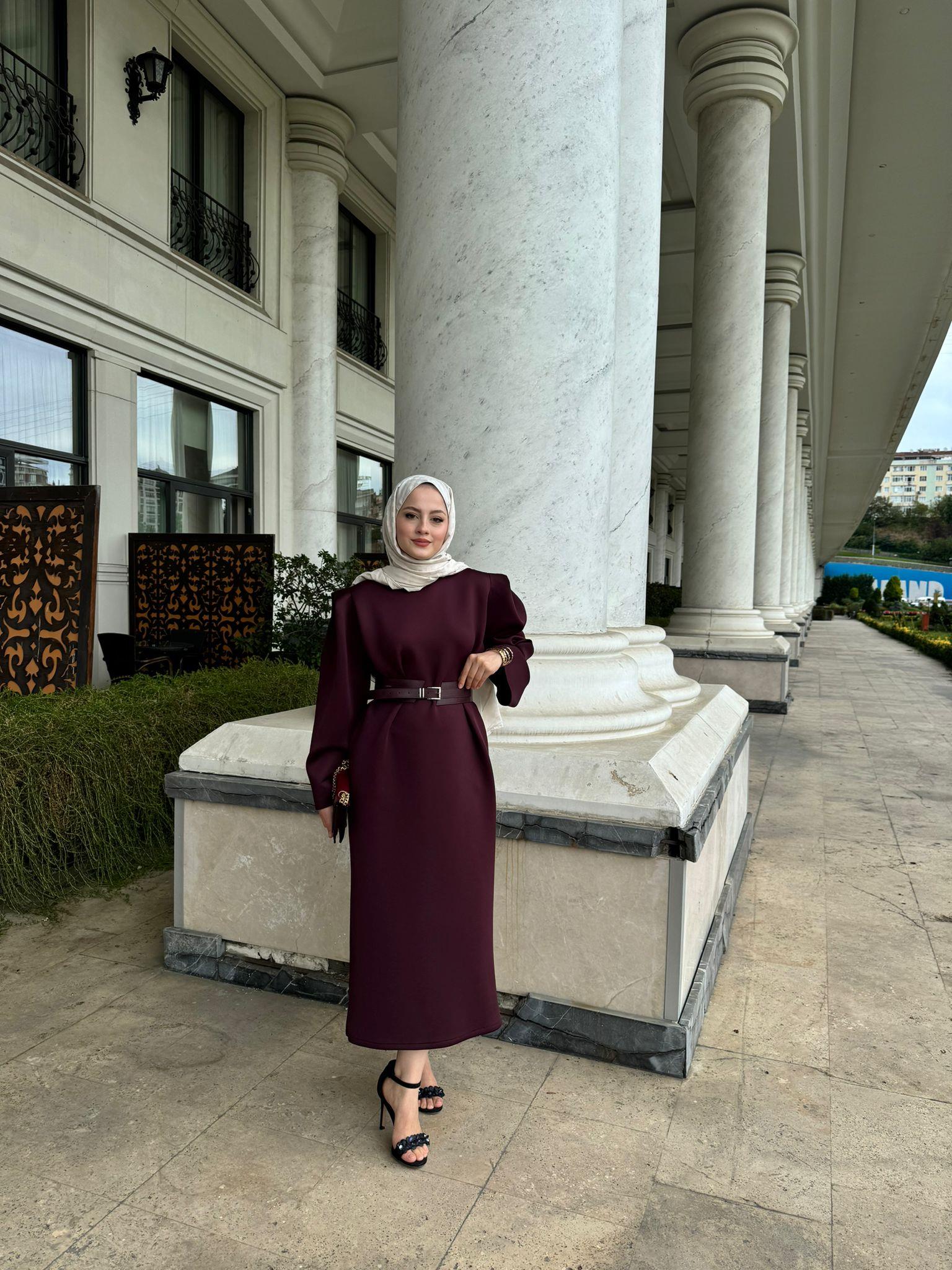 MEYSADESIGN ELBİSELER Vatkalı Puf Scuba Elbise Bordo