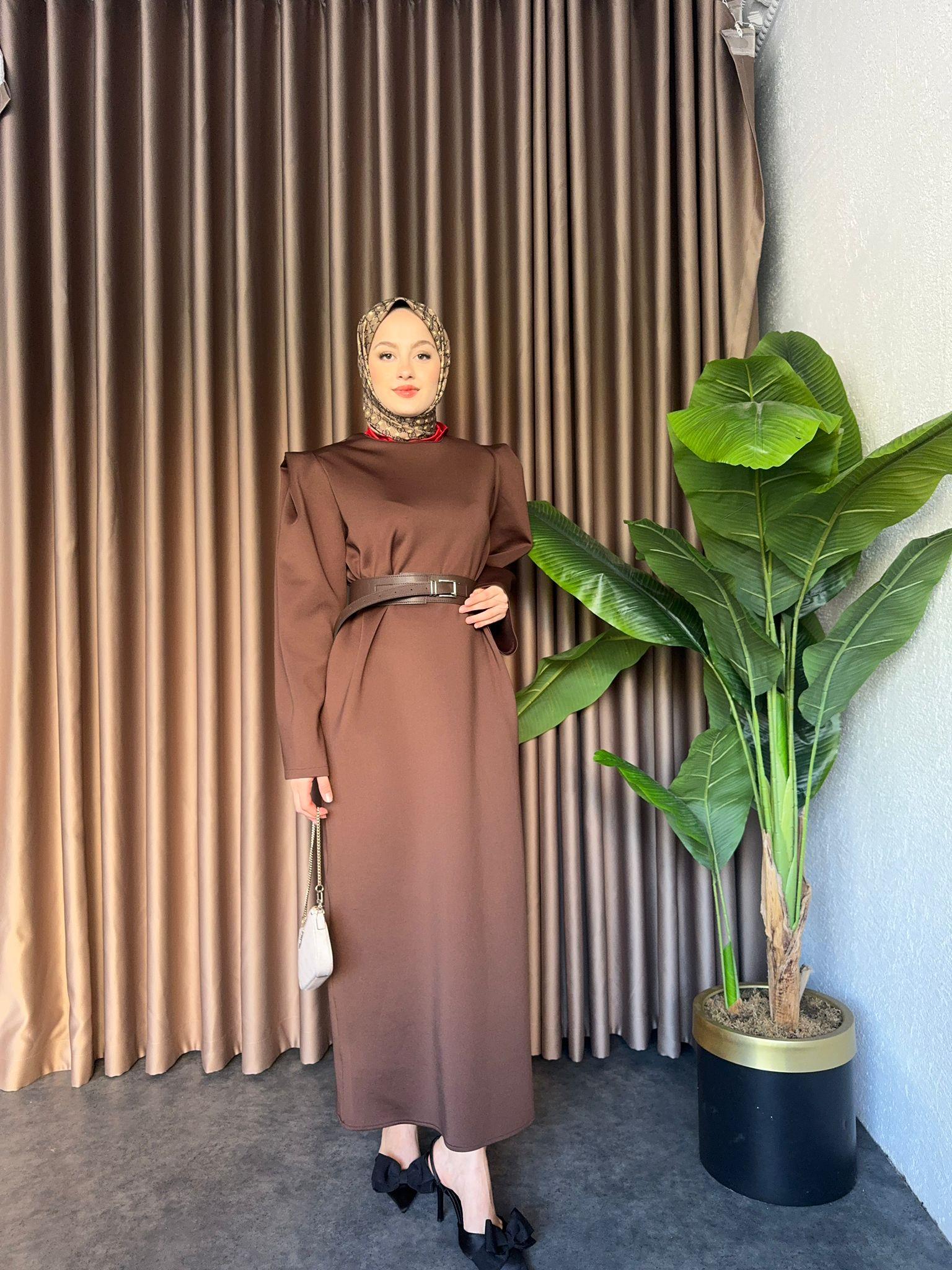 Padded Puff Scuba Fabric Dress Brownrengi