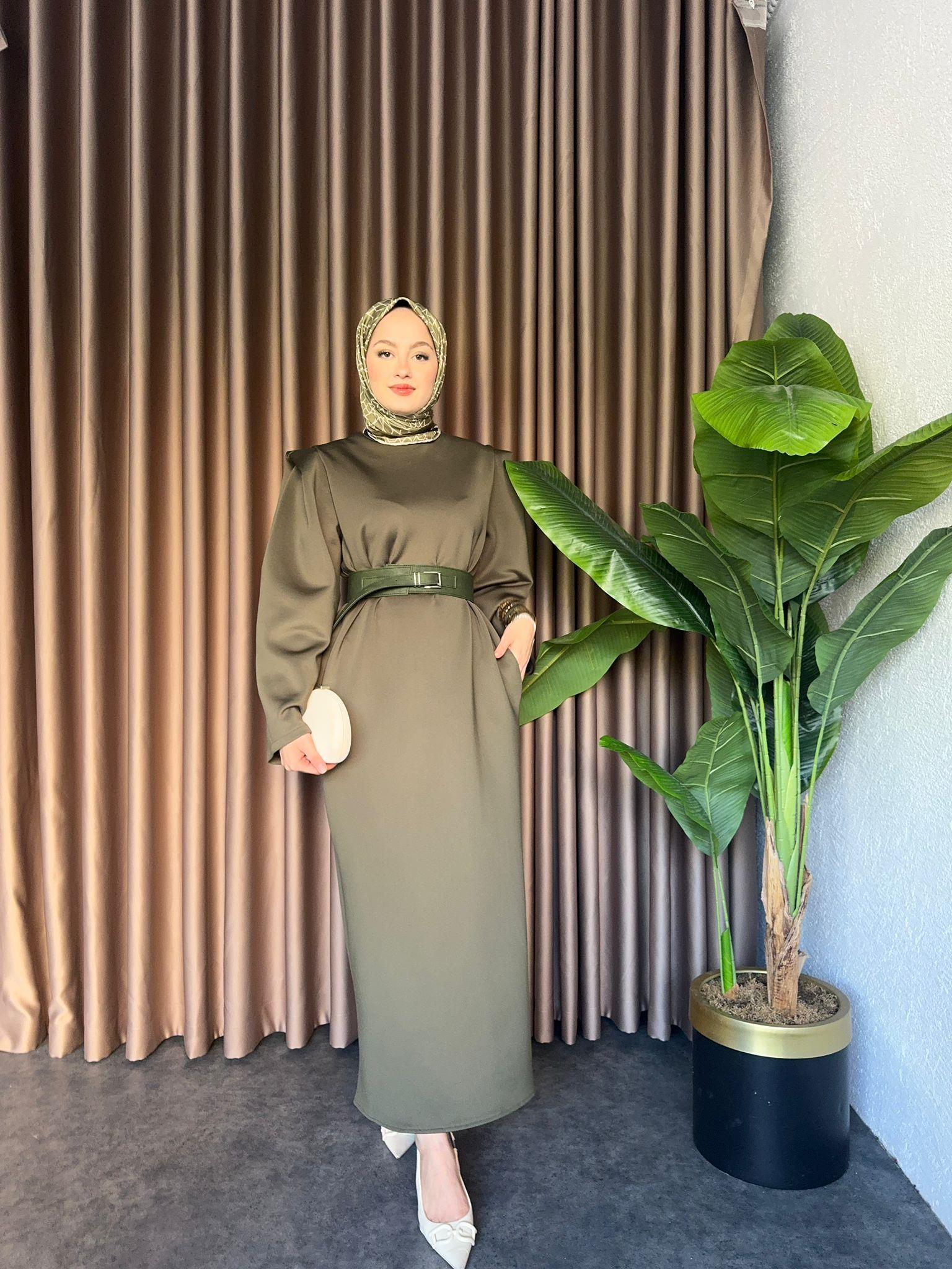 Padded Puff Scuba Fabric Dress Khaki