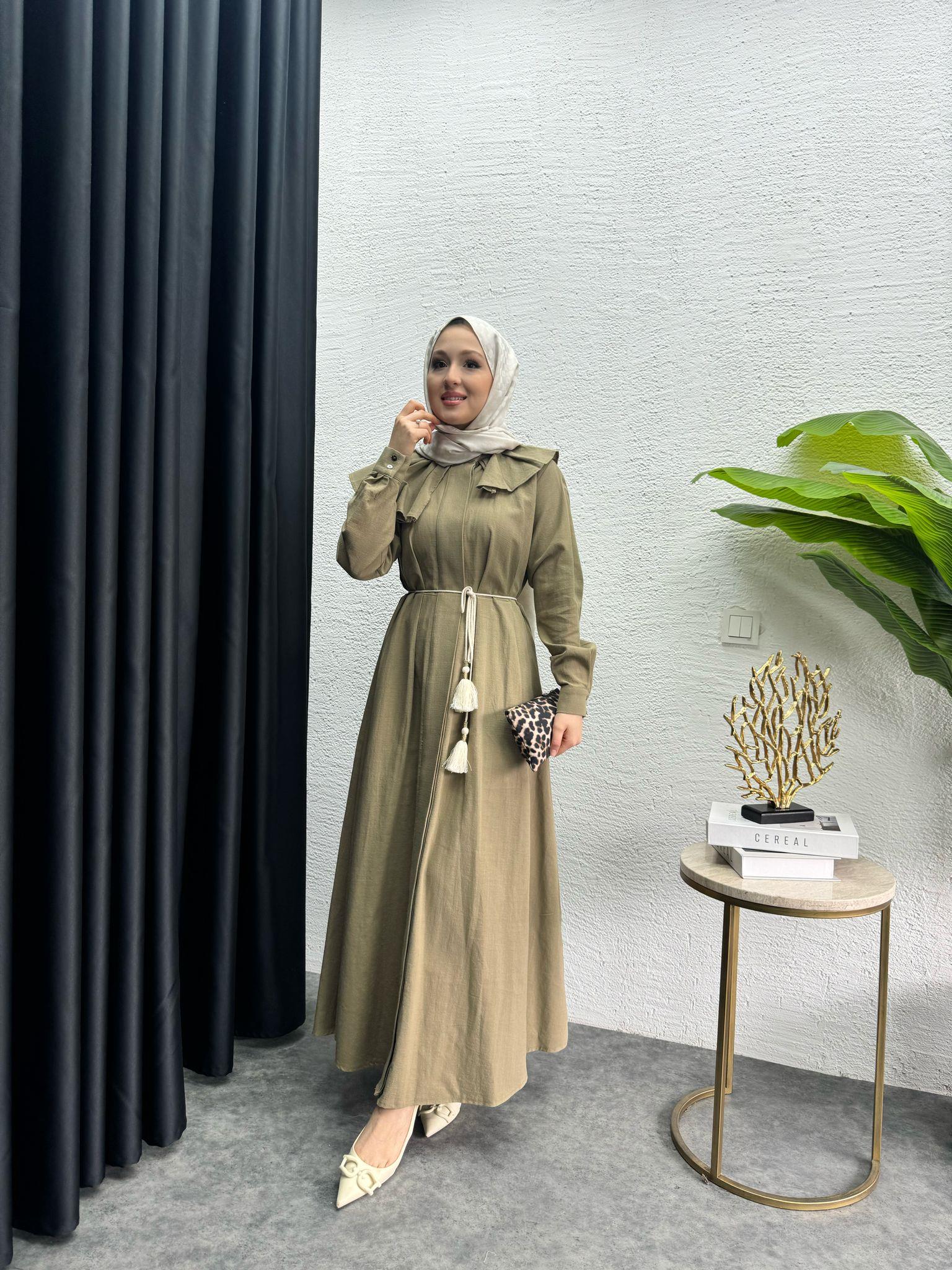 MEYSADESIGN ELBİSELER Yakalı Kemerli Keten Elbise Yağ Yeşili