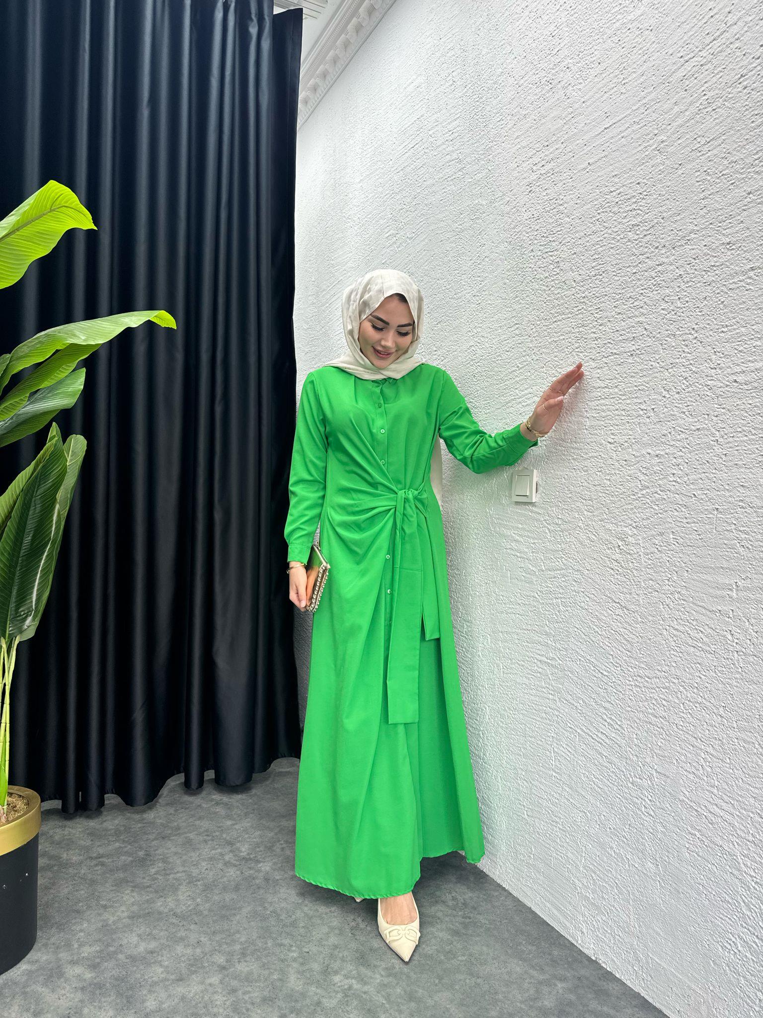 Zisy Waist-Tie Dress Poplin Dress Benetton Green