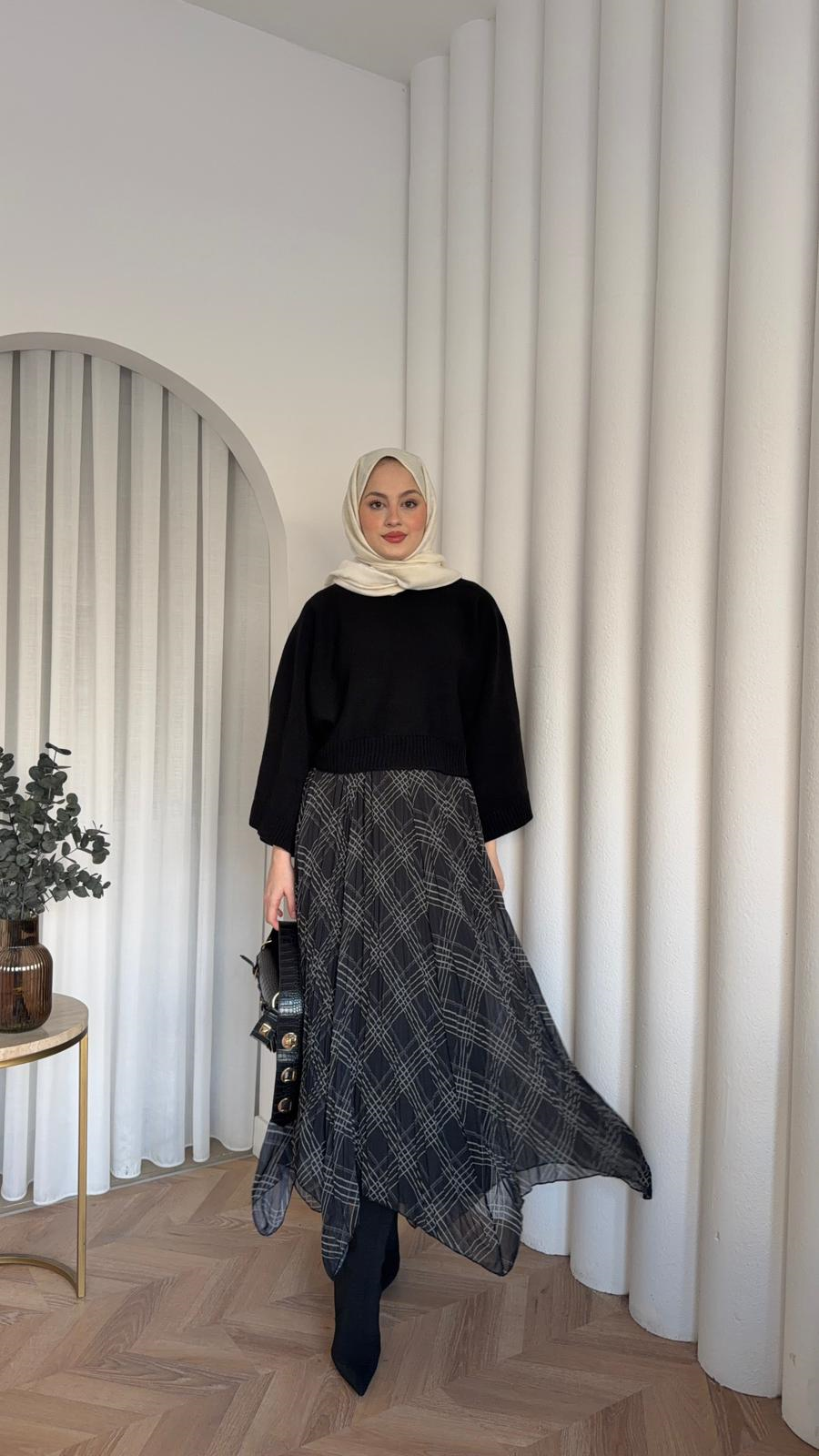 MEYSADESIGN ETEK Ekose Şifon Asimetrik Etek Gri