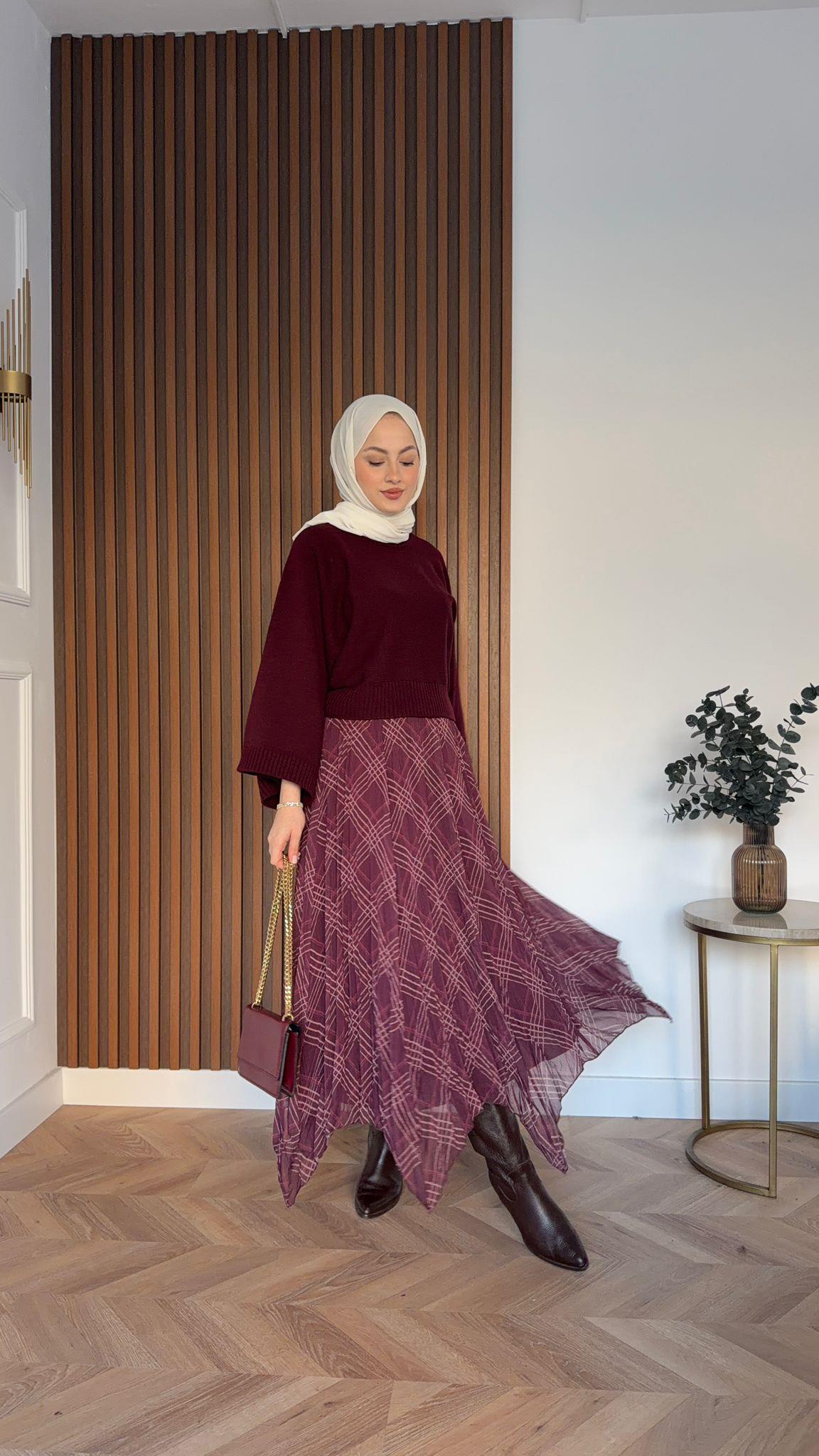 Plaid Patterned Chiffon Asymmetric Skirt Burgundy