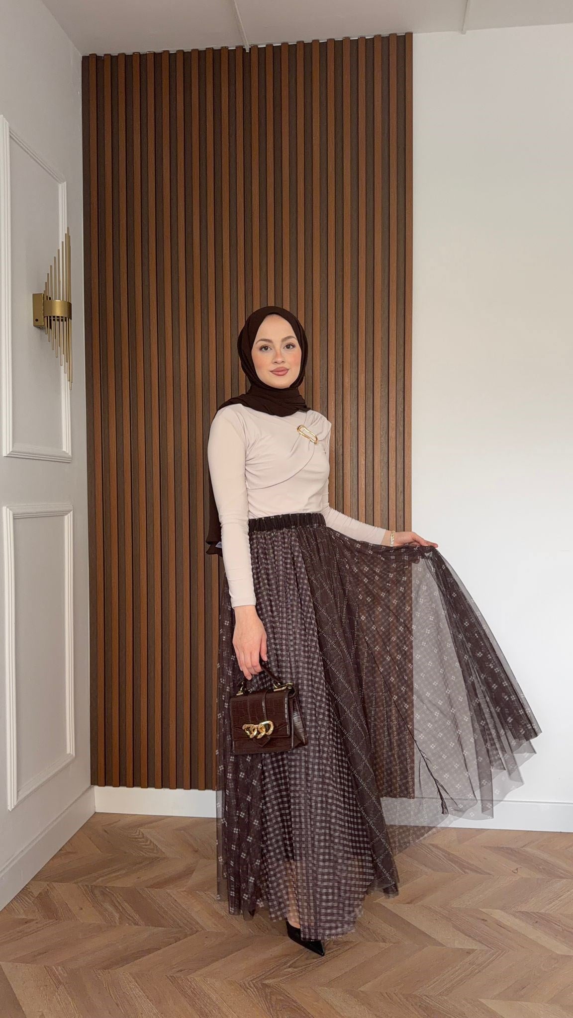 MEYSADESIGN SKIRTS Eva Ekoseli Tül Etek Acı Kahve