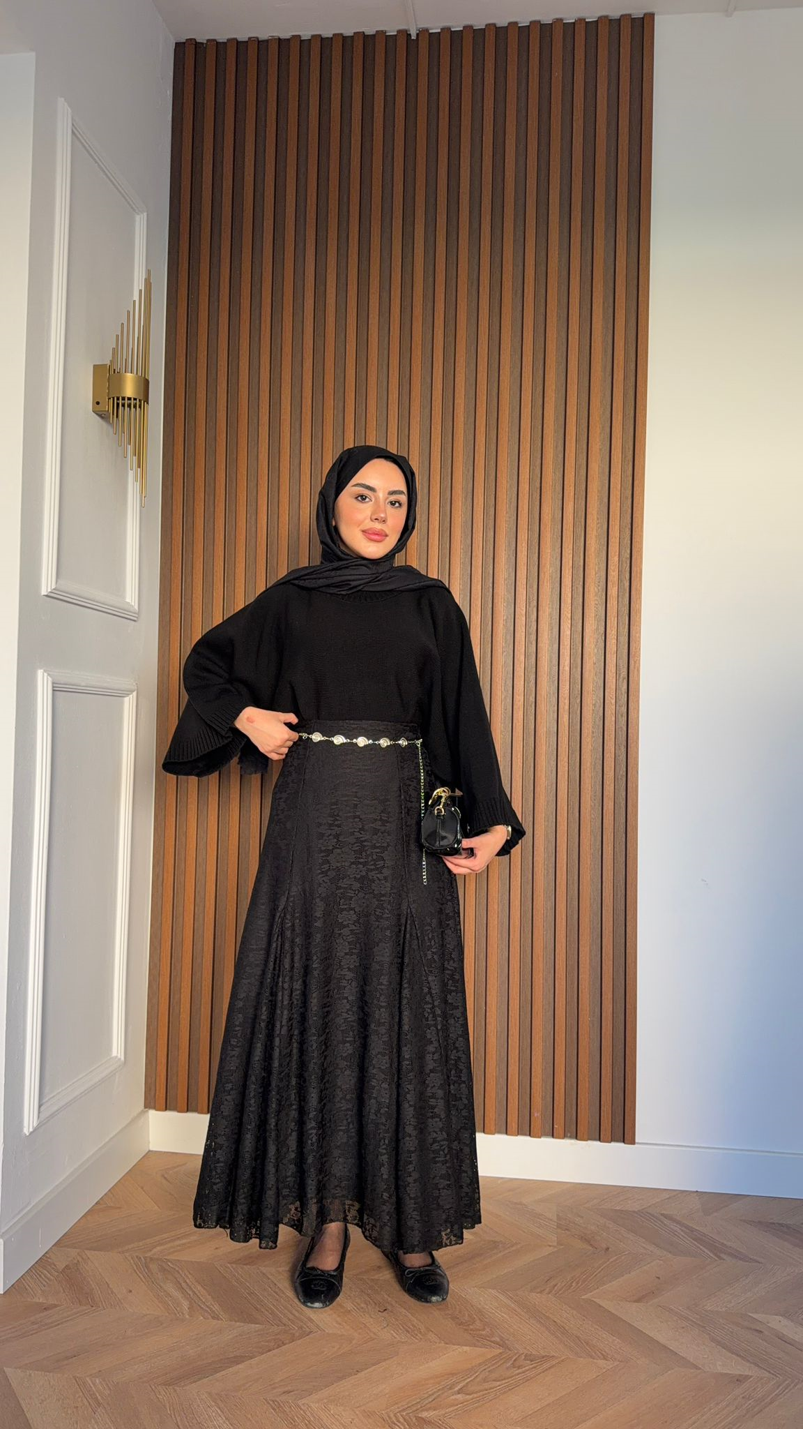MEYSADESIGN SKIRTS Kemerli Güpürlü Dantel Etek Siyah