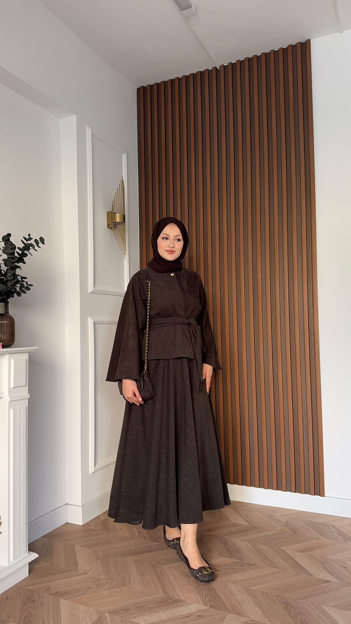 MEYSADESIGN ETEK TAKIM Bağlamalı Tek Düğmeli Etekli Takım Kahve