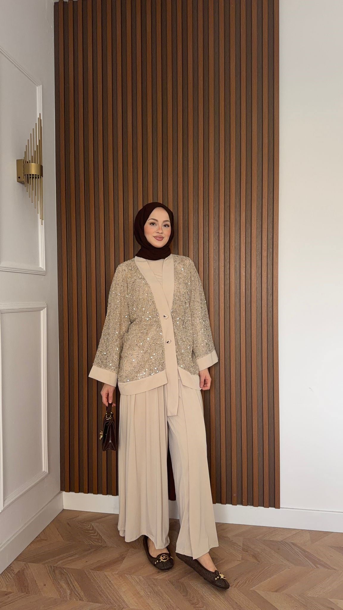MEYSADESIGN ETEK TAKIM Becca Payetli Sandy Üçlü Takım Bej