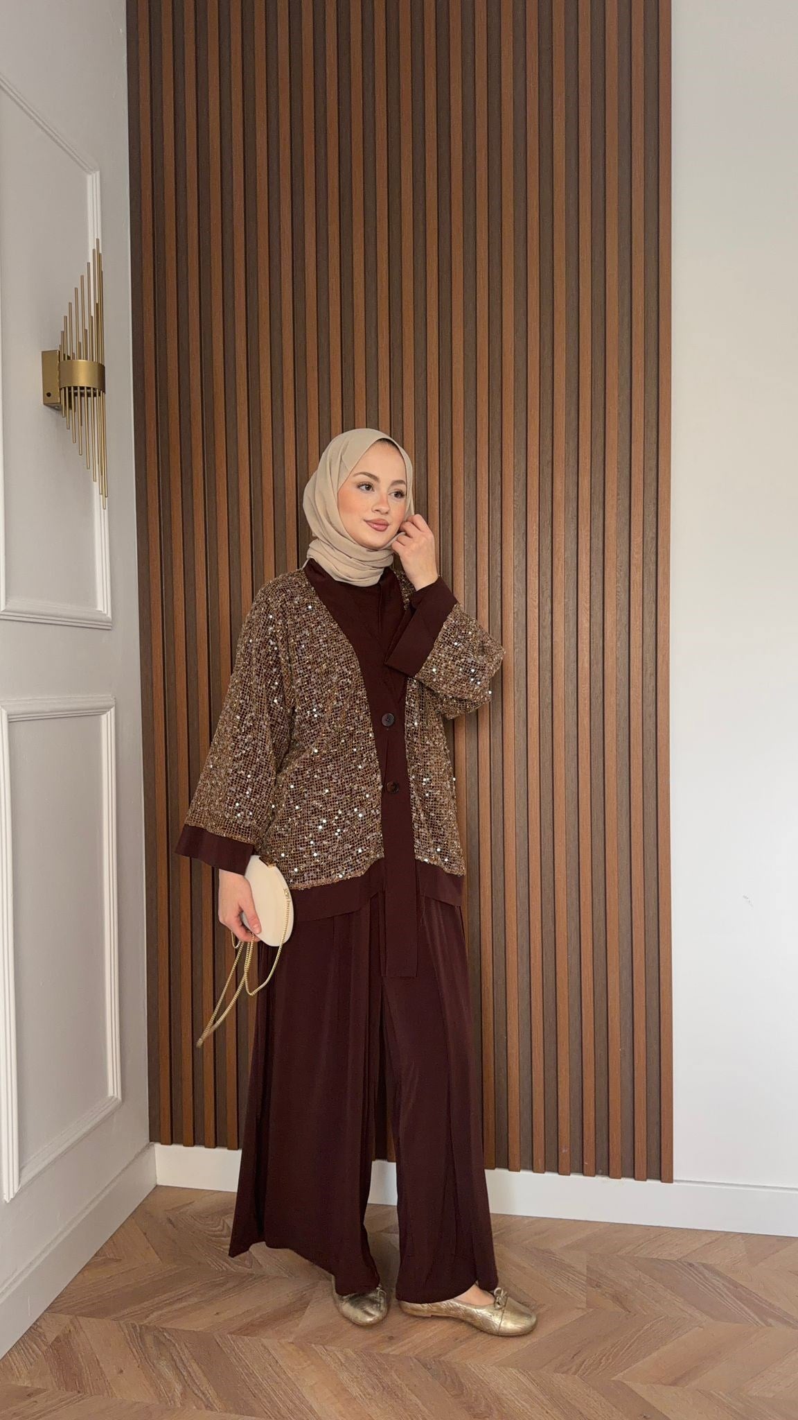 MEYSADESIGN ETEK TAKIM Becca Payetli Sandy Üçlü Takım Acı Kahve