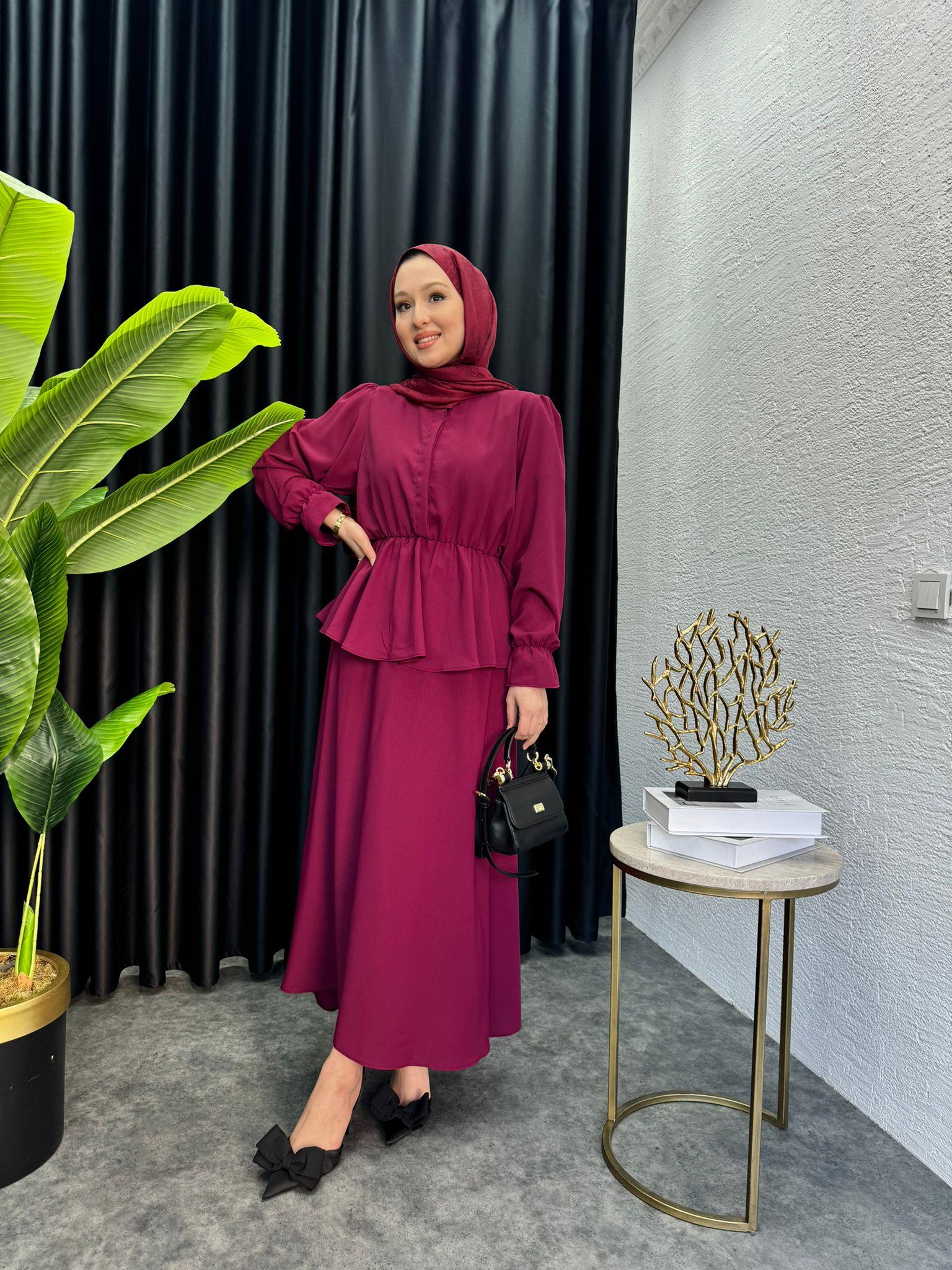 Waist-Tie Dress Shirred Crepe Skirt Set Burgundy