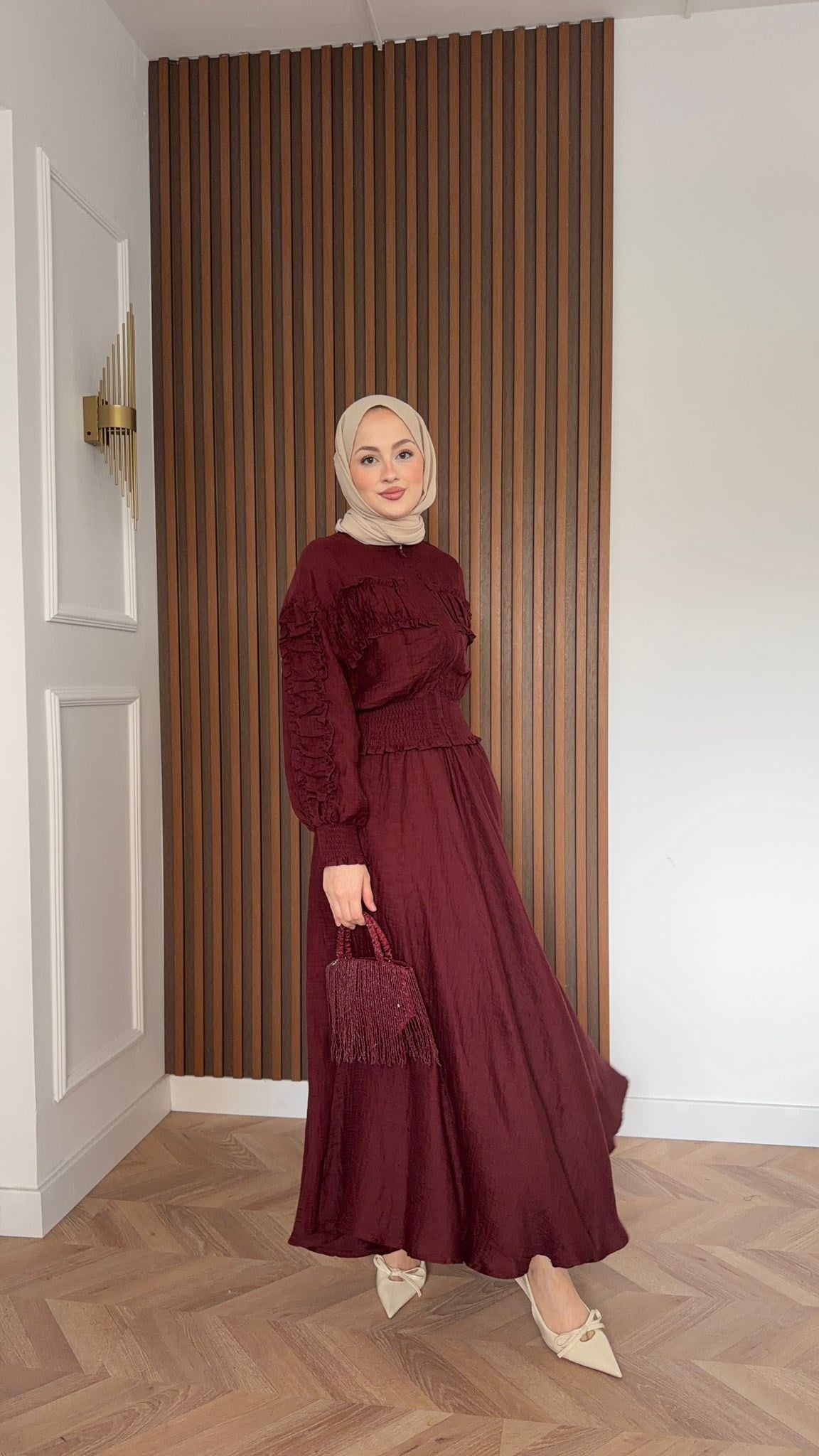 MEYSADESIGN SKIRT SETS Beli Büzgülü Tensel Etekli Takım Bordo
