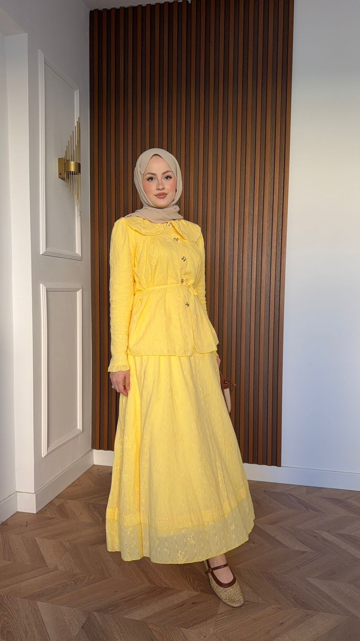 MEYSADESIGN SKIRT SETS Eloise Dantelli Yakalı Etekli Takım Sarı