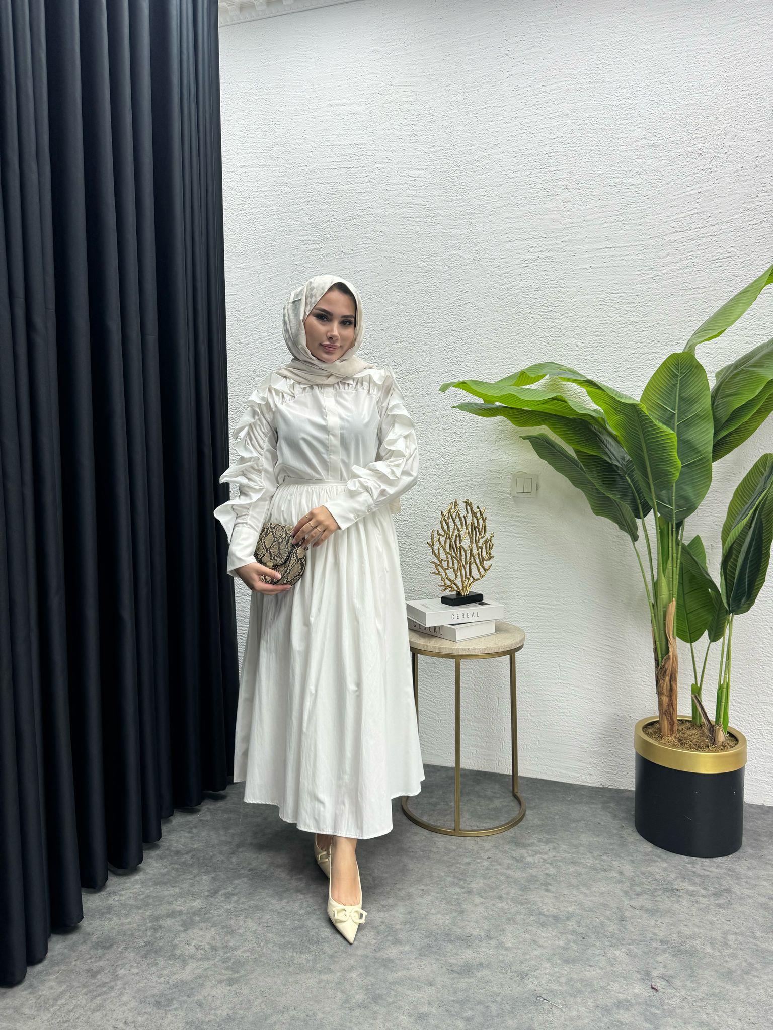 Shoulder Ruffled Poplin Skirt Set White