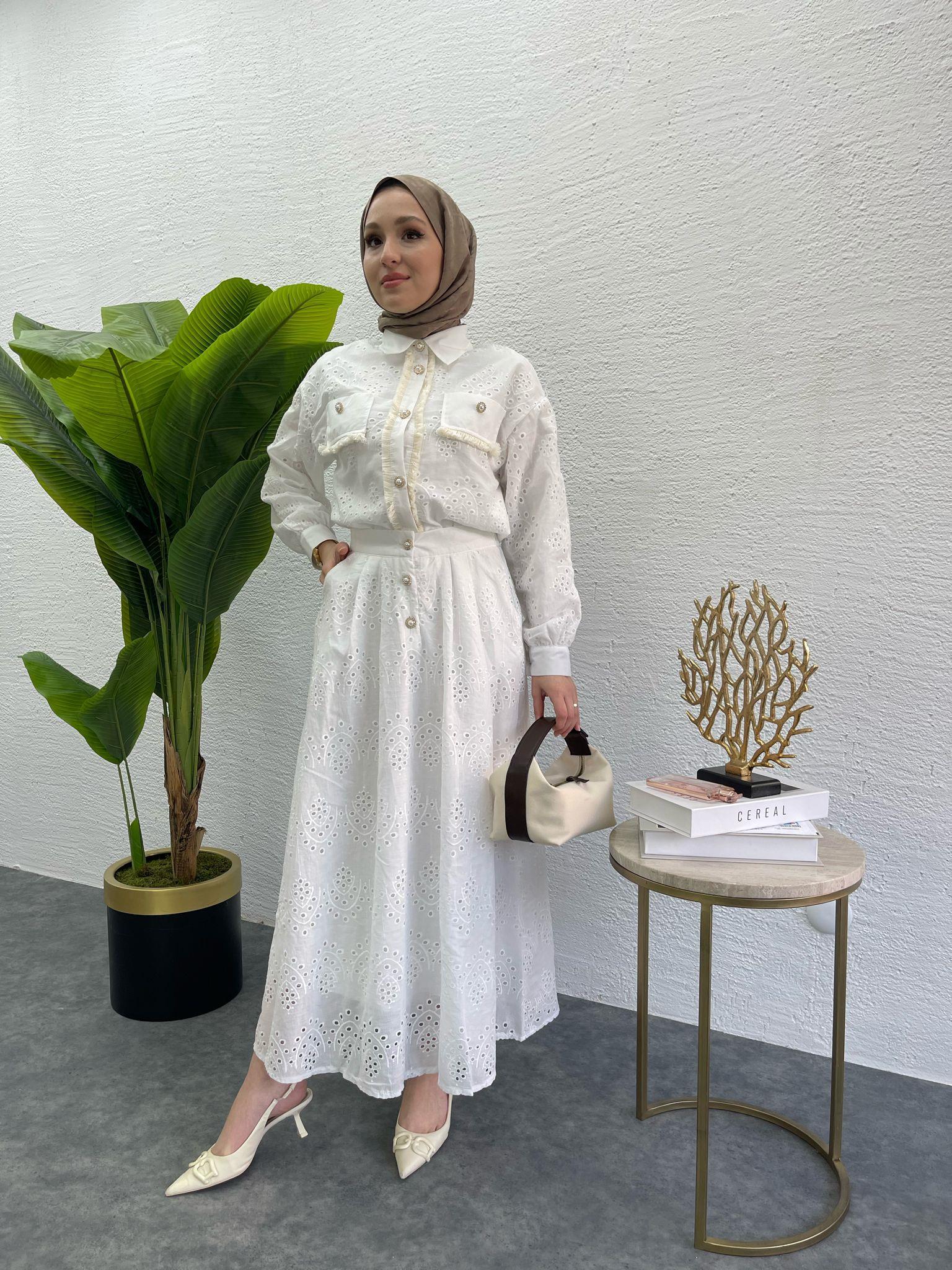 Beige Buttoned Eyelet Skirt Set