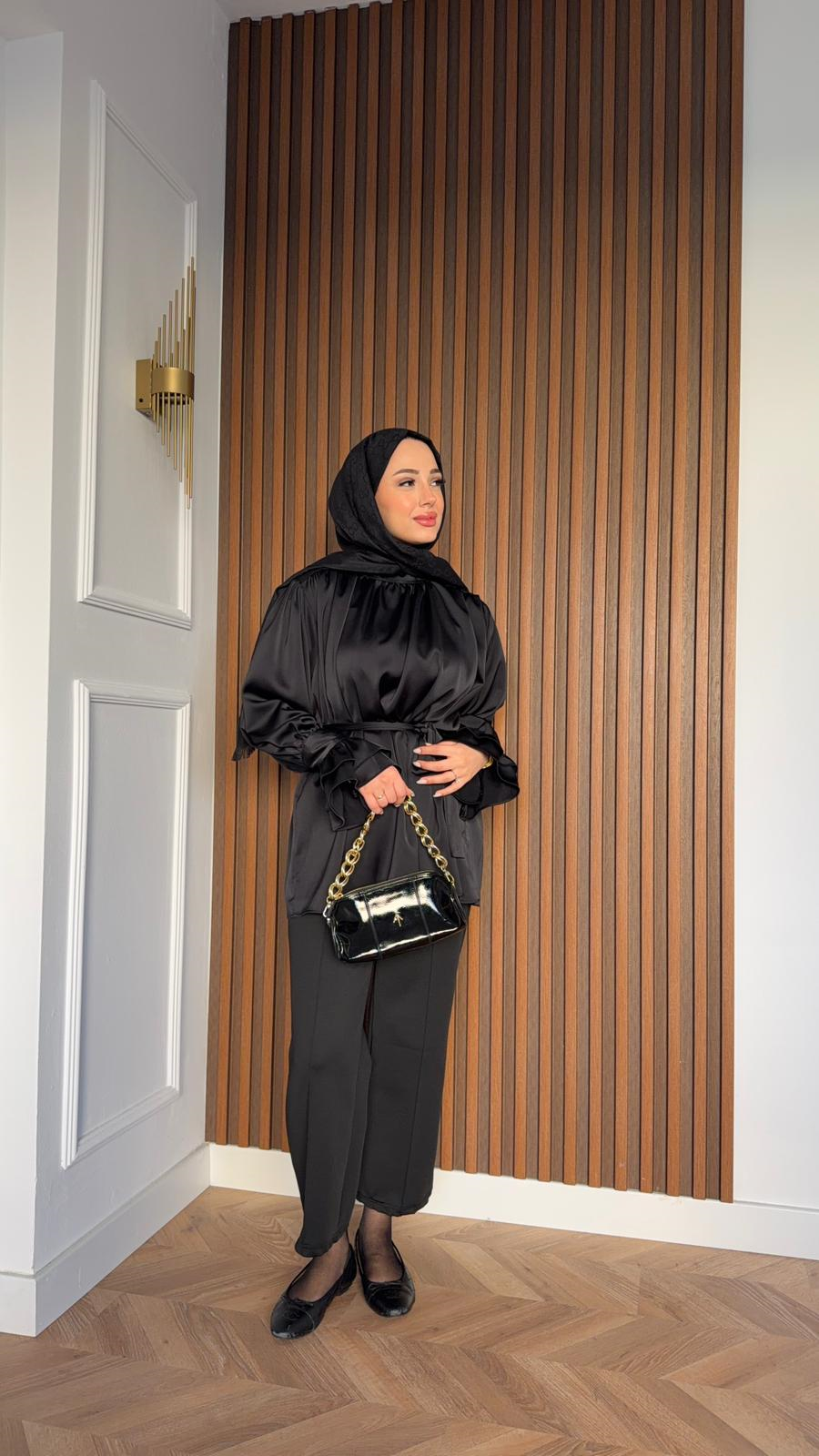 MEYSADESIGN SHIRTS Kol Ucu Büzgülü Saten Gömlek Siyah