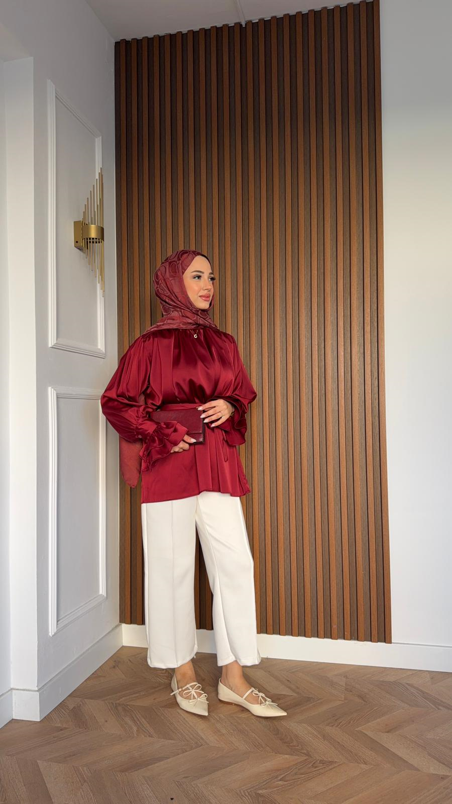 MEYSADESIGN SHIRTS Kol Ucu Büzgülü Saten Gömlek Bordo