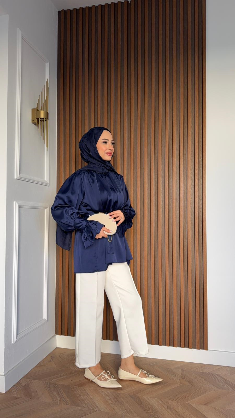 MEYSADESIGN SHIRTS Kol Ucu Büzgülü Saten Gömlek Lacivert