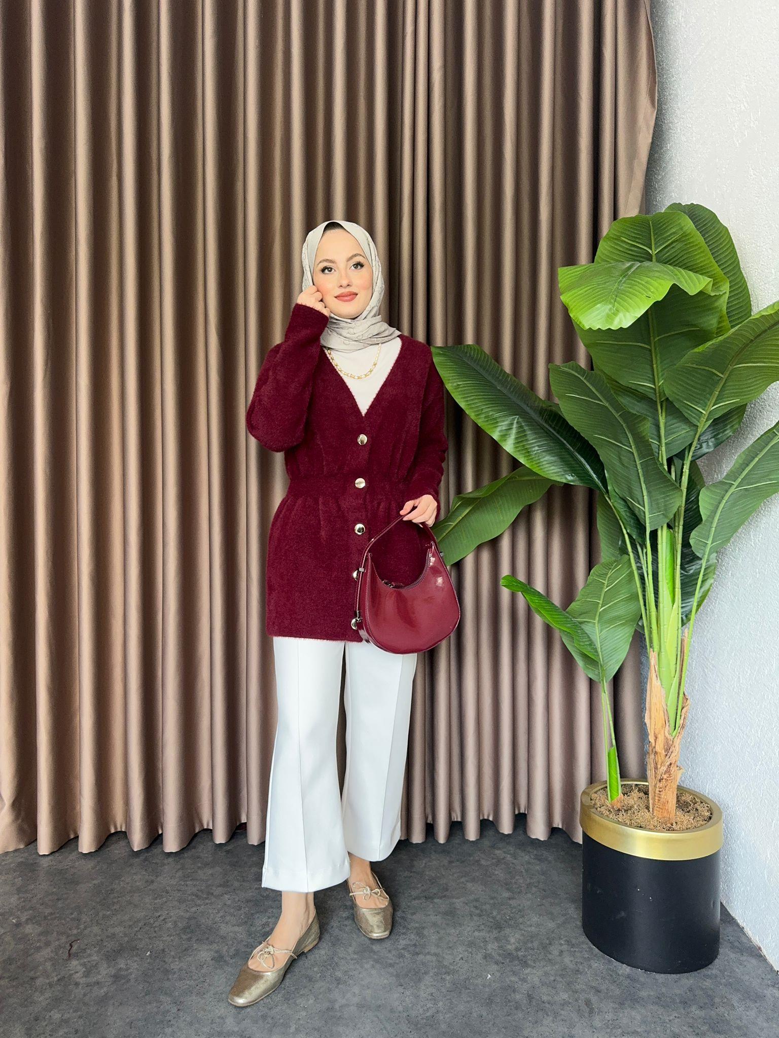 Shirred Gold Buttoned Angora Cardigan Burgundy