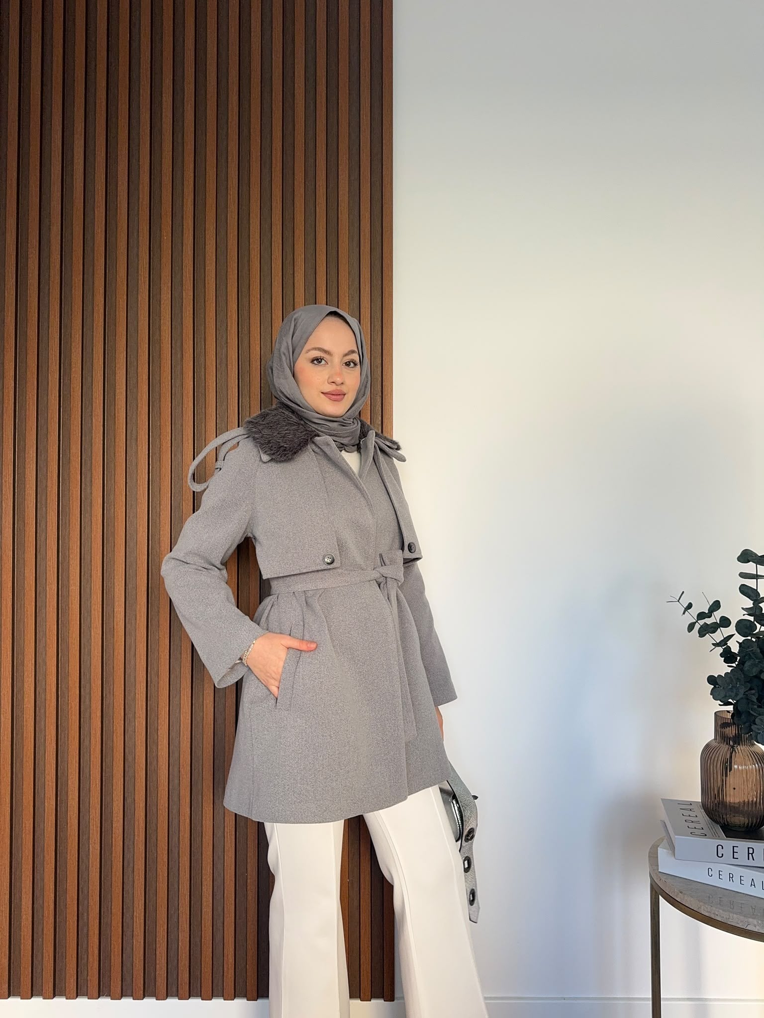 MEYSADESIGN KABAN Kürk Yakalı Kaşe Kaban Antrasit