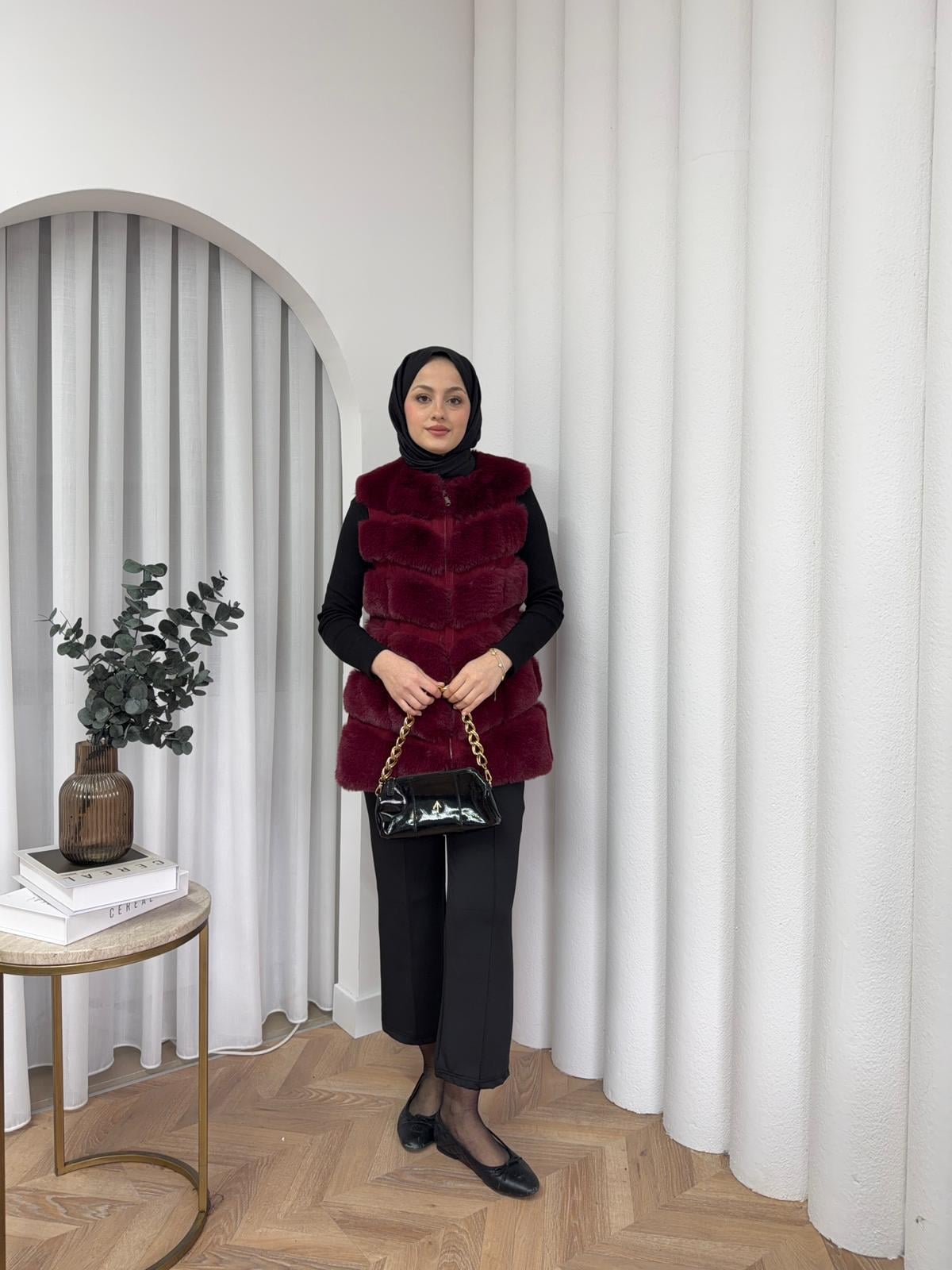 Dubai Kürklü Yelek Bordo