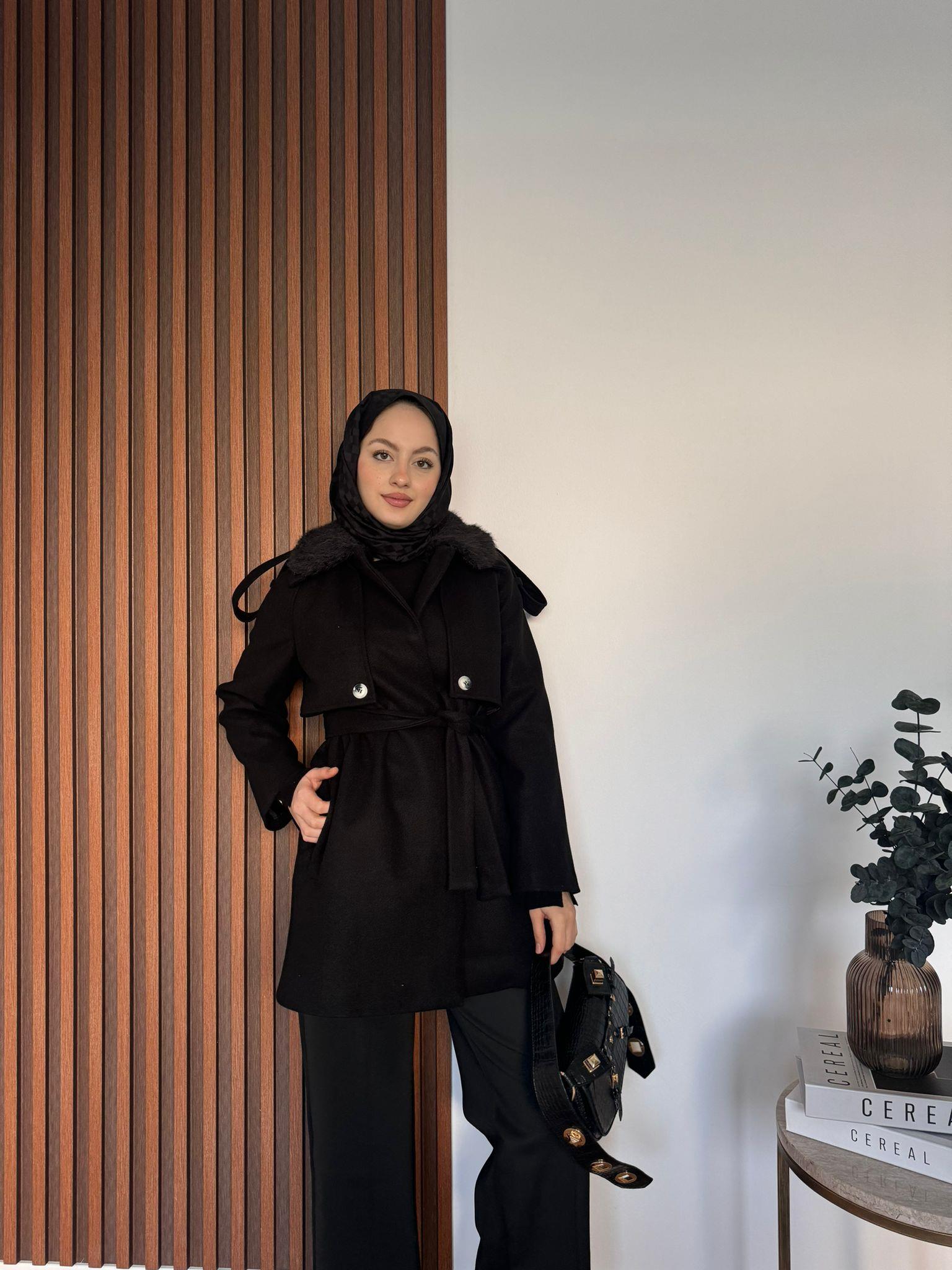 Stamp Fur Collar Coat Black