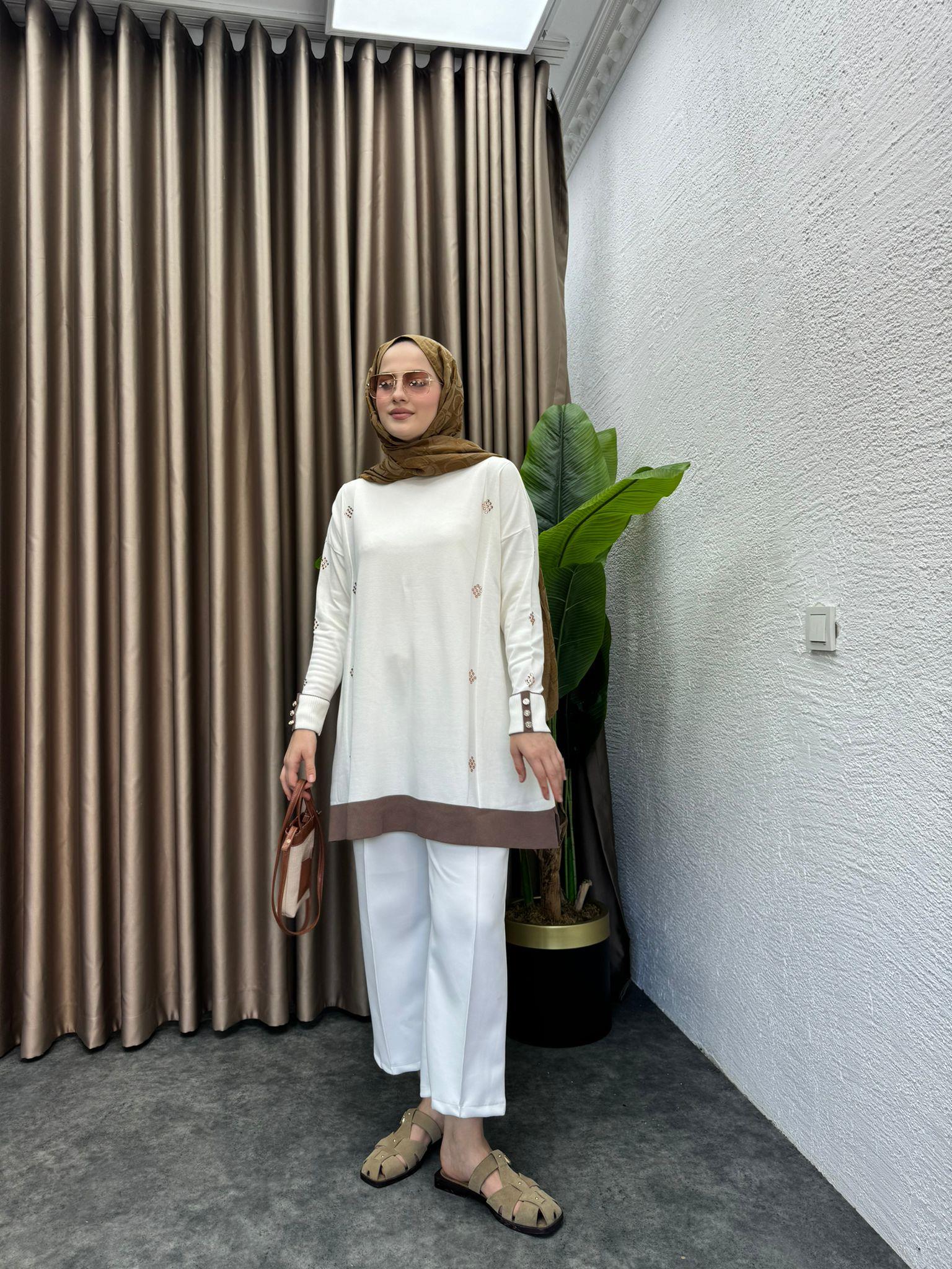 MEYSADESIGN MERSERİZE Çift Renkli Taşlı Merserize Tunik Kahve Geçişli