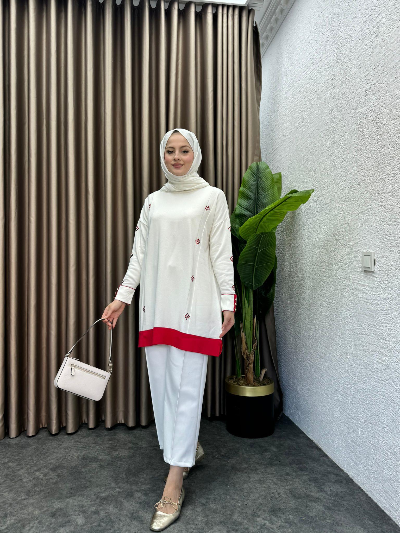 Dual Color Embellished Merserized Tunic Red