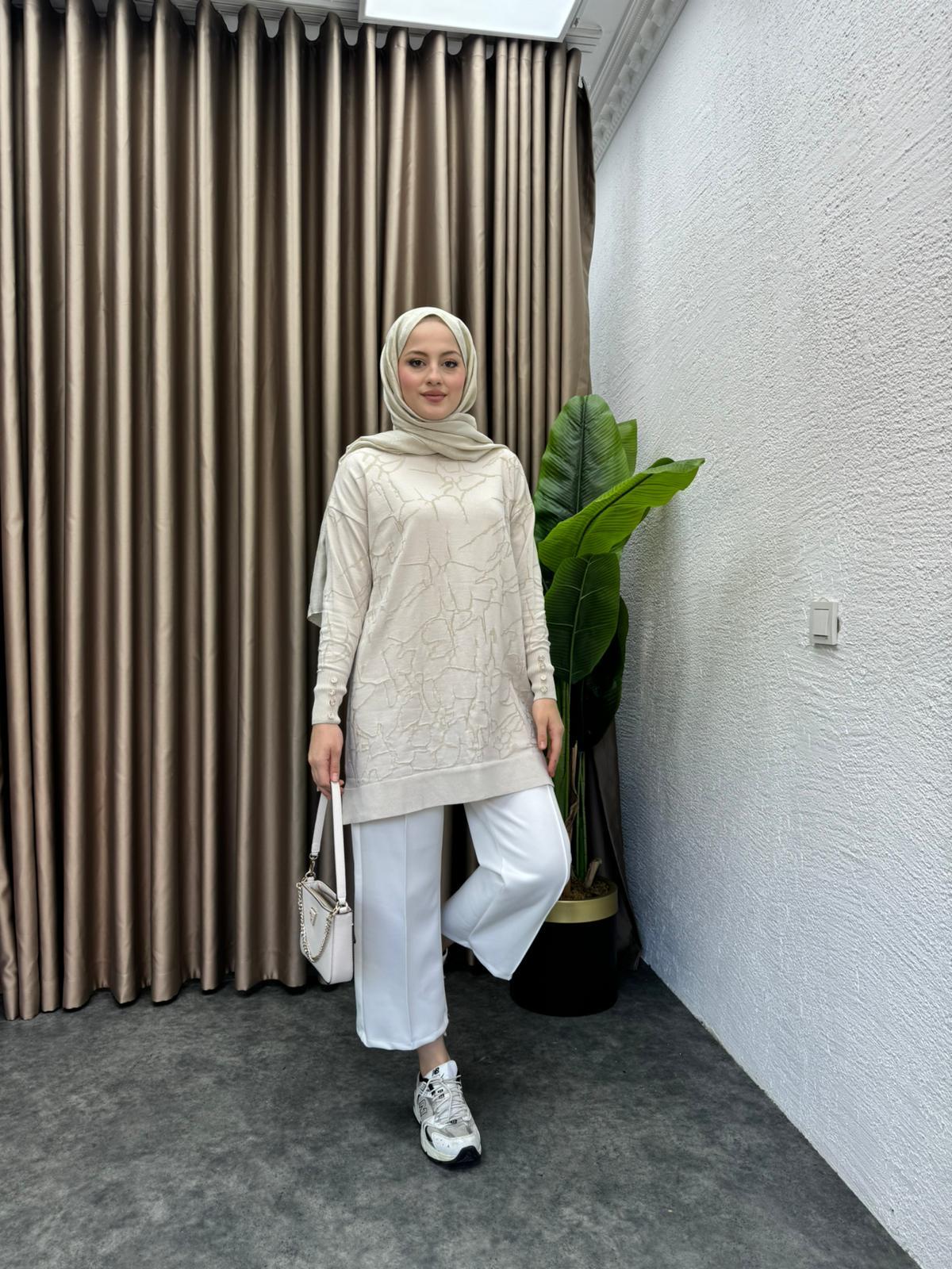 Patterned Merserized Tunic Beige