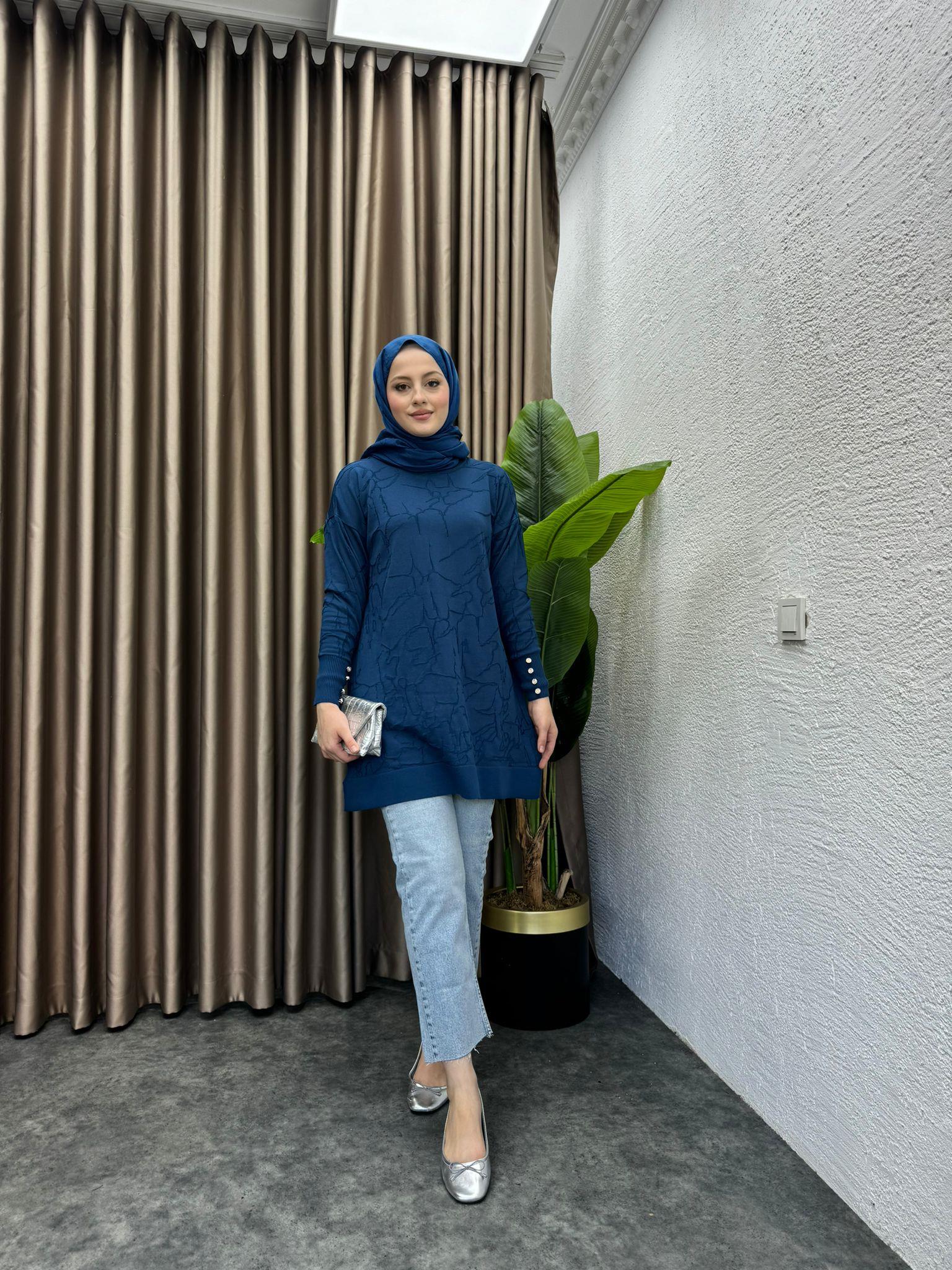 Patterned Merserized Tunic Petrol Blue
