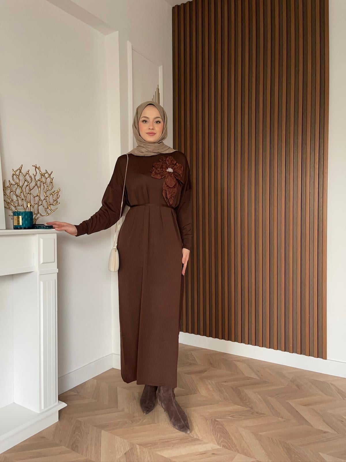 İdil Floral Merserized Dress Brown